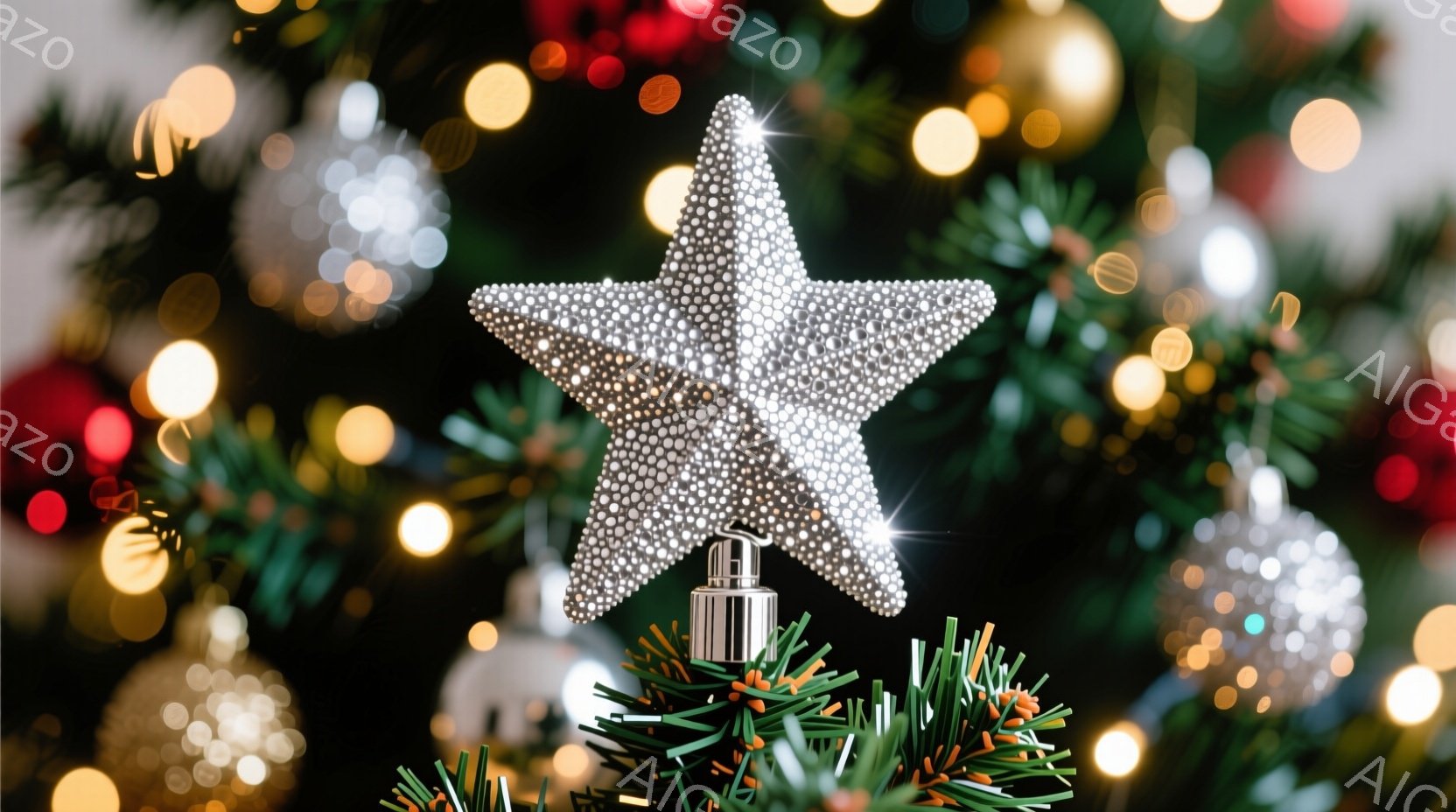 クリスマスツリーの頂上に、きらびやかな銀色の星が飾られています。背景には、ぼやけた緑の葉や赤いオーナメント、そして暖かい色の光が散りばめられており、華やかで祝祭的な雰囲気を醸し出しています。星は細かく - AI生成フリー素材