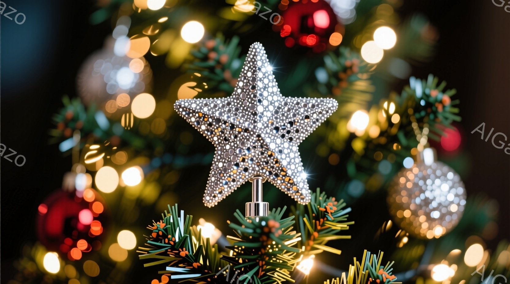 輝く星形のオーナメントがクリスマスツリーの頂上に飾られています。背景には、ぼやけた緑色の針葉樹の葉と、様々な色の光が散りばめられており、華やかな雰囲気を醸し出しています。全体的に、きらびやかで暖かく、お祝いムード満点の様子が伝わってきます。