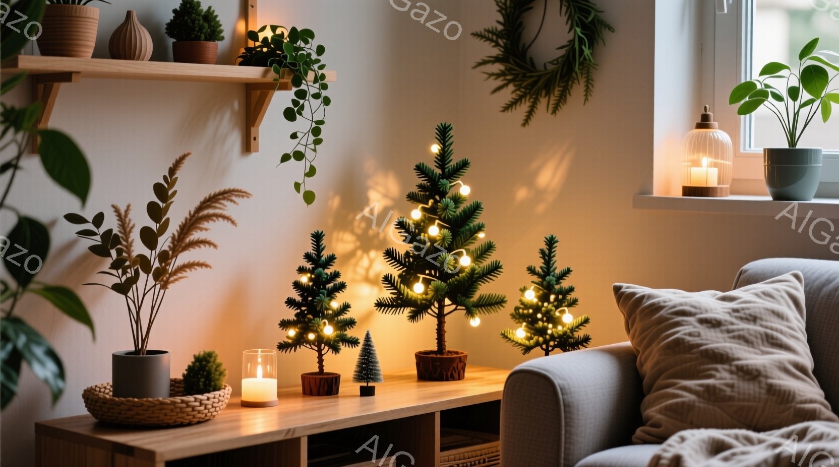 暖かい光に照らされた室内には、小さなクリスマスツリーが並べられた木製の棚があります。棚の上には様々な種類の観葉植物が置かれ、壁には植物の吊り飾りがあります。ベージュ色のソファと、柔らかい光が、居心地の良い、リラックスした雰囲気を醸し出しています。