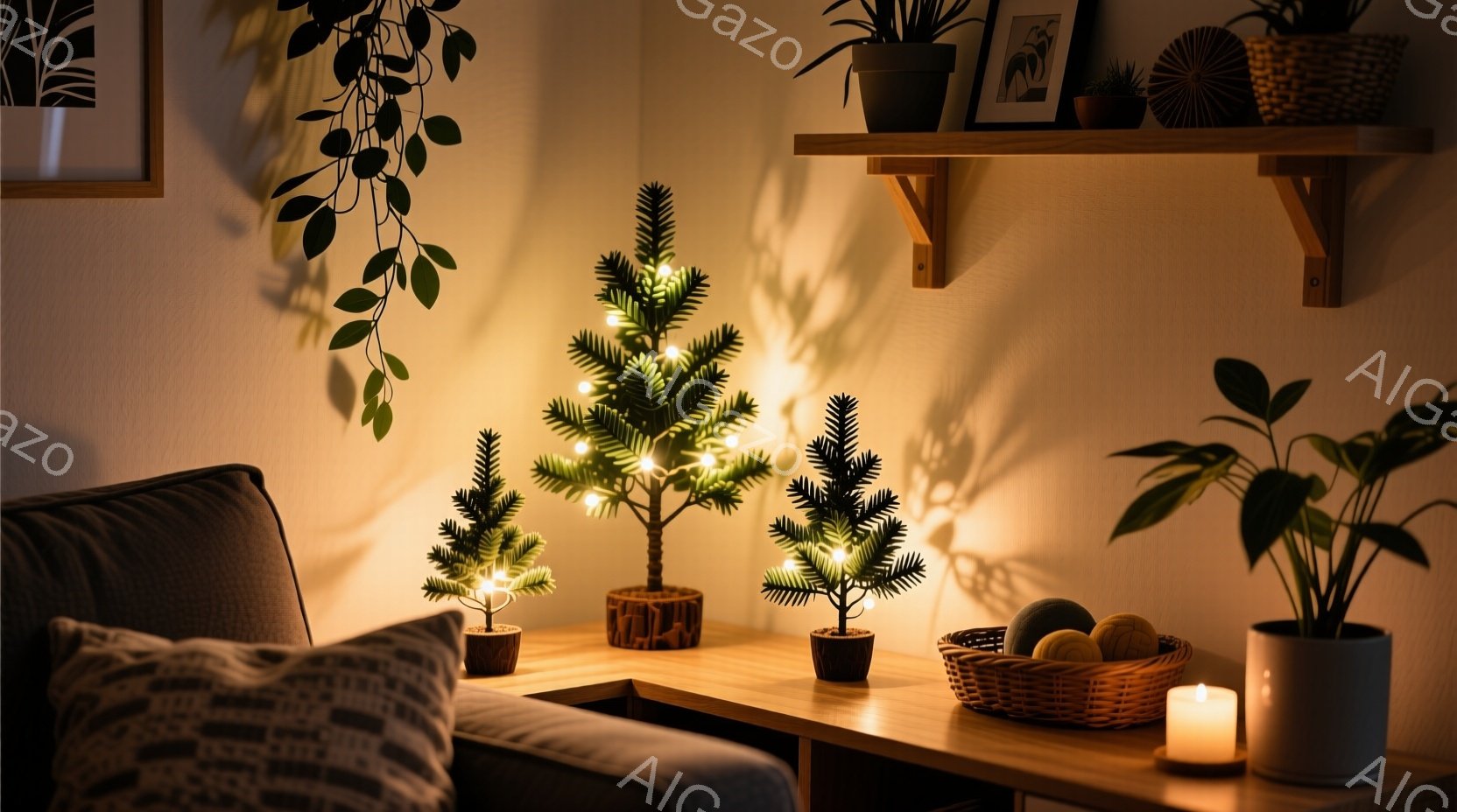 落ち着いた暖色系のリビングルームで、小さな装飾されたクリスマスツリーが3本、木製のテーブルの上に並んでいる。壁には棚があり、観葉植物や装飾品が置かれ、籐のバスケットにはオーナメントが収められている。全体的に温かく、リラックスした雰囲気が漂い、クリスマスシーズンを控え、心安らぐ空間を演出している。