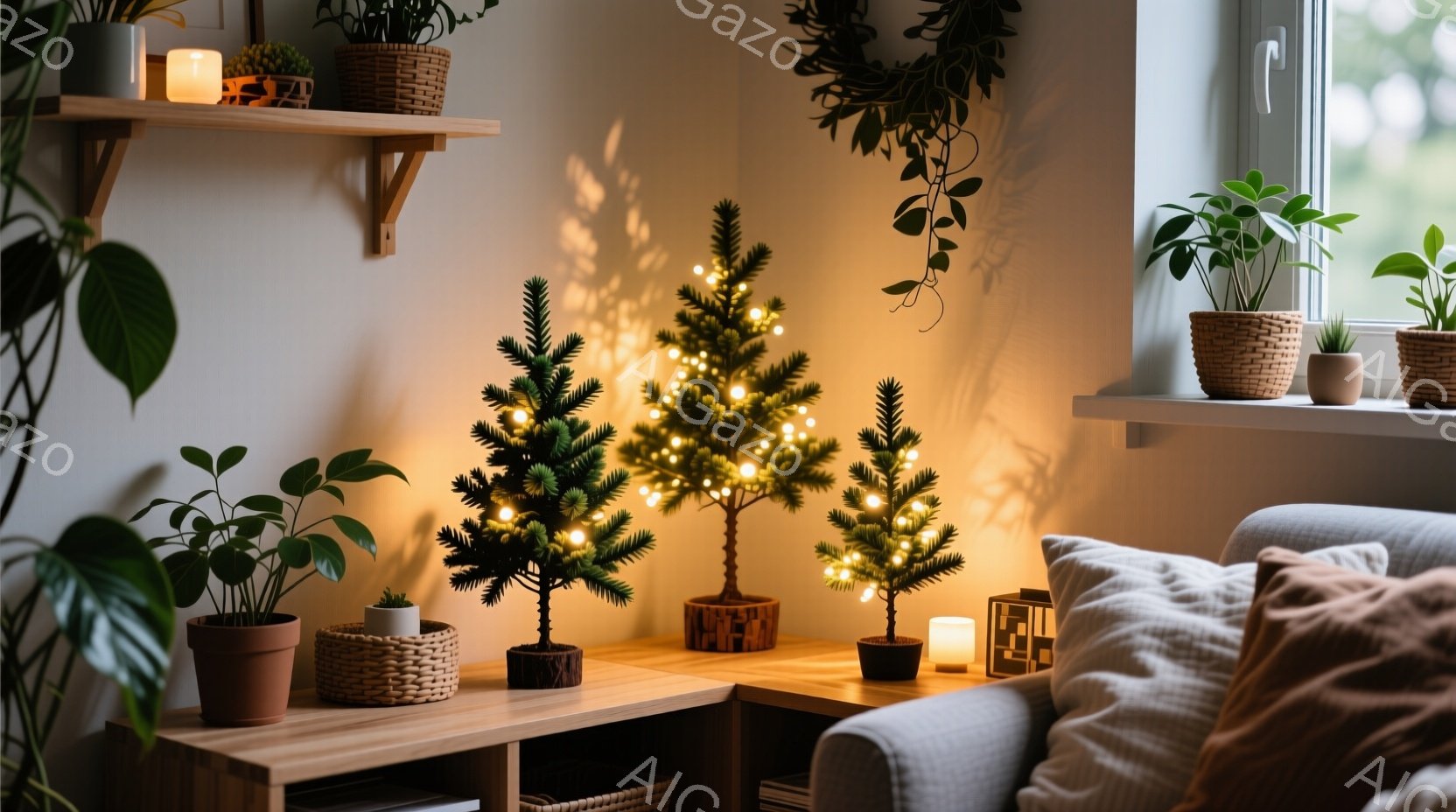 温かみのある室内には、小さなクリスマスツリーが三本並べられています。棚の上や横には植物が飾られ、キャンドルの光が柔らかい雰囲気を演出しています。全体的に、落ち着いた色合いと自然素材が使われており、リラックスできる空間が表現されています。