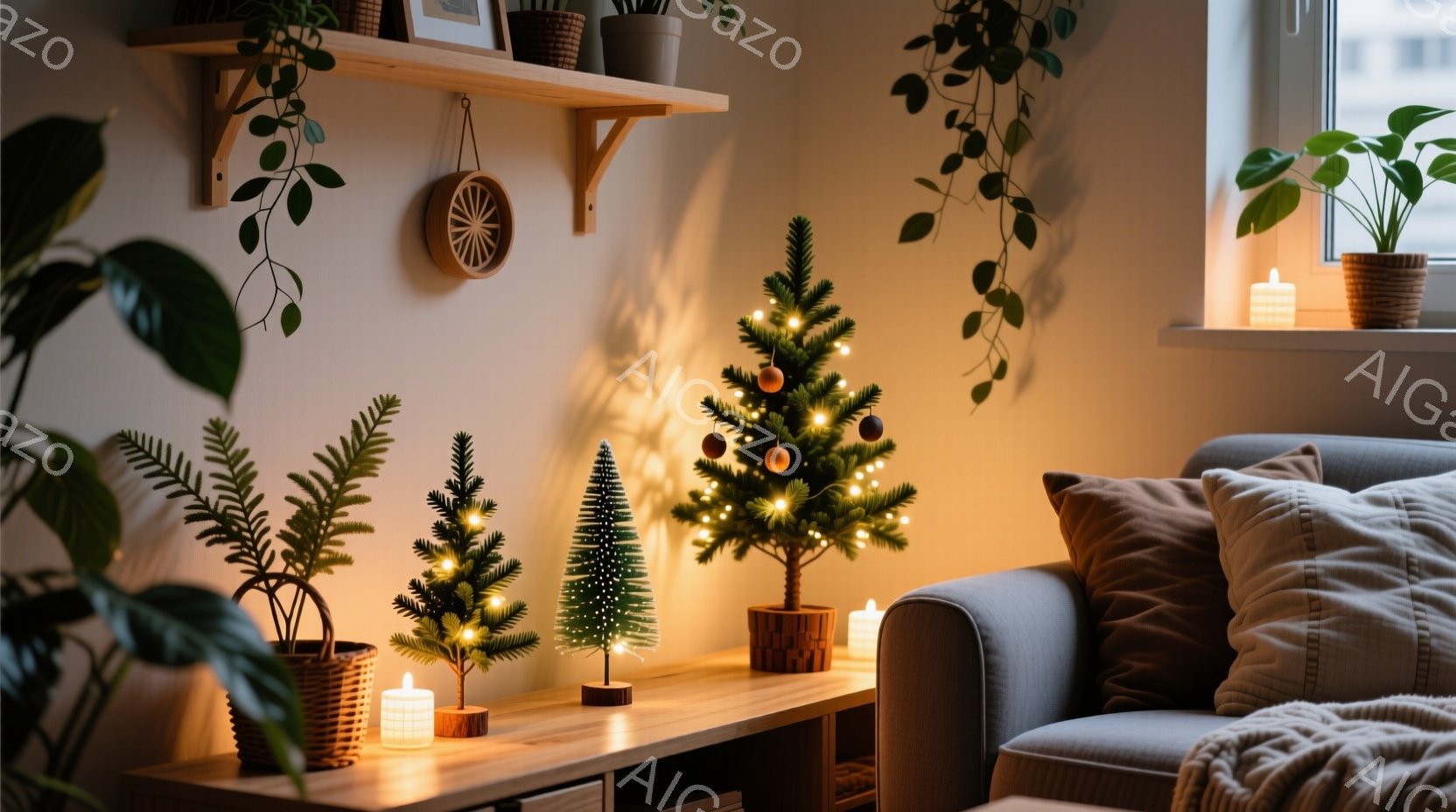 温かい光に包まれたリビングルームの様子が写っている。小さなクリスマスツリーがいくつか、キャンドルと共に木製の棚に飾られており、ソファーにはクッションが置かれている。背景には植物が飾られ、全体的に落ち着いた、心地よい雰囲気が漂っている。