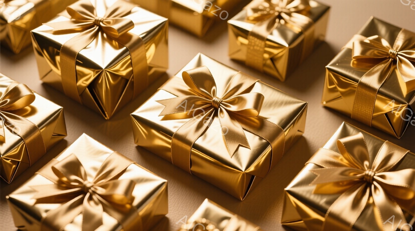 鮮やかな金色の包装紙で丁寧に包まれたプレゼントの箱が、茶色の背景に規則的に並べられています。箱は全て正方形で、それぞれに金色のリボンが結ばれており、光沢があり高級感があります。全体的に暖かく、お祝いや特別な機会を予感させる雰囲気です。