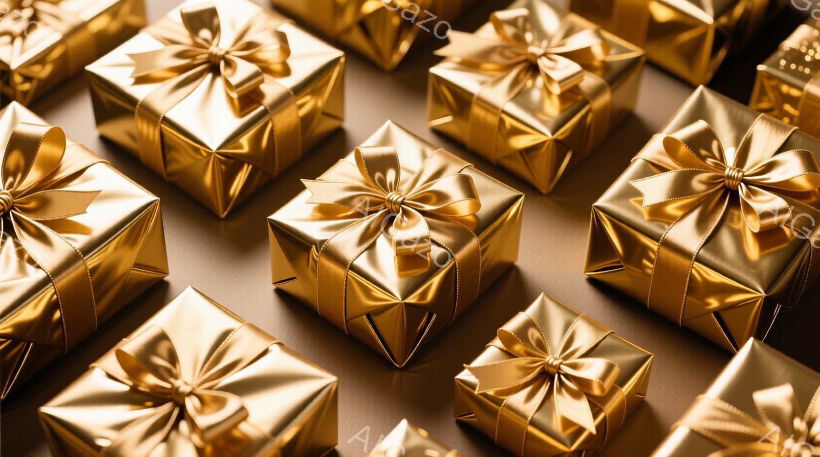 画像には、光沢のある金色のギフトボックスが密集して配置されています。各ボックスは丁寧にラッピングされており、金色のリボンで結ばれた美しい結び目が特徴です。背景は落ち着いたトーンの茶色で、ギフトボックスの豪華さを引き立てています。
