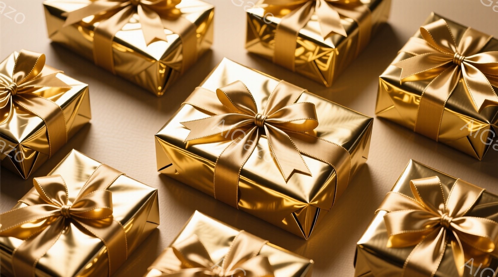 画像には、金色の包装紙で丁寧にラッピングされたギフトボックスが複数、均等に配置されています。ギフトボックスはすべて同じサイズで、光沢のある金色のリボンで結ばれており、豪華で特別な雰囲気を醸し出しています。背景は落ち着いたトーンの単色で、ギフトボックスの輝きを際立たせています。