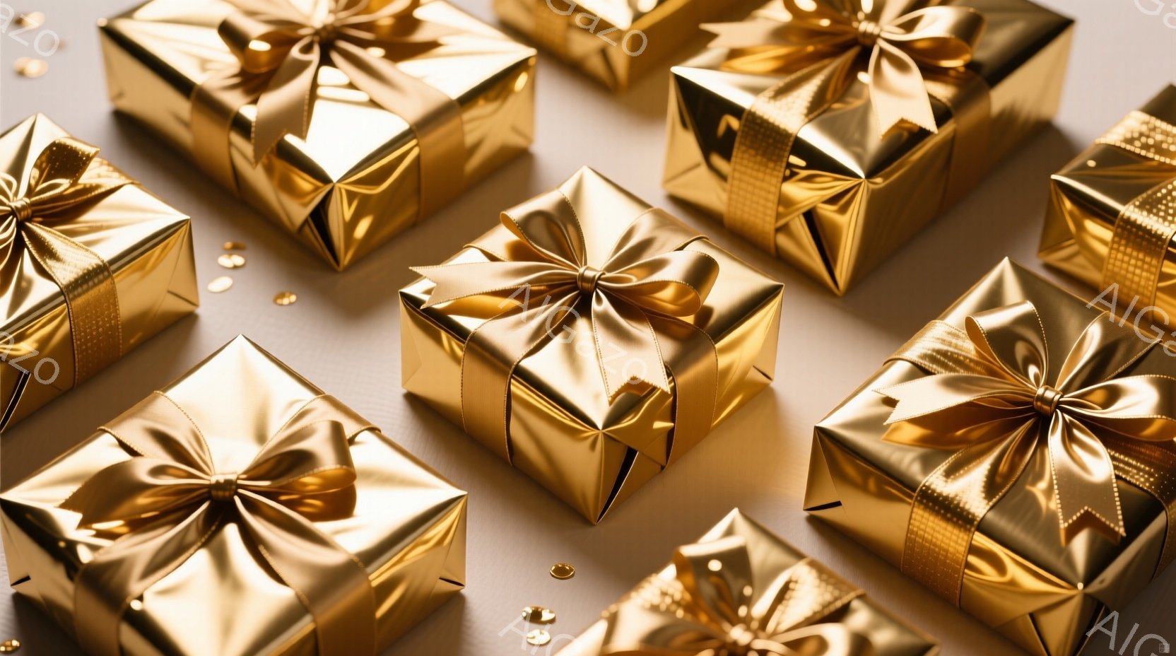 画像には、金色の包装紙で包まれたギフトボックスが散りばめられています。各ボックスには、同じ金色のリボンが美しく結ばれており、全体的に華やかで豪華な印象を与えます。背景は淡いベージュ色で、ギフトボックスの金色がより際立って見えます。