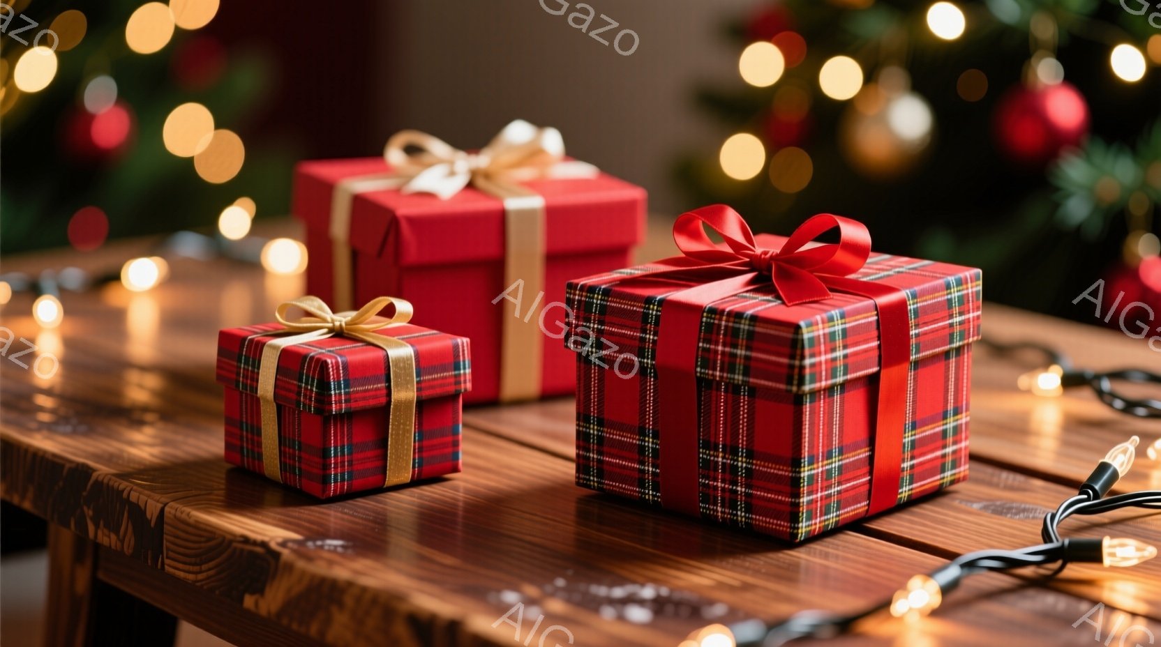 鮮やかな赤いチェック柄のリボンで飾られたプレゼントが2つ、木製のテーブルの上に置かれています。背景にはぼやけたクリスマスツリーの飾りと、温かい光を放つ電飾が見え、全体的に暖かく、お祝いムードに包まれています。プレゼントは異なる大きさで、少しずらして配置されており、奥行きが感じられます。