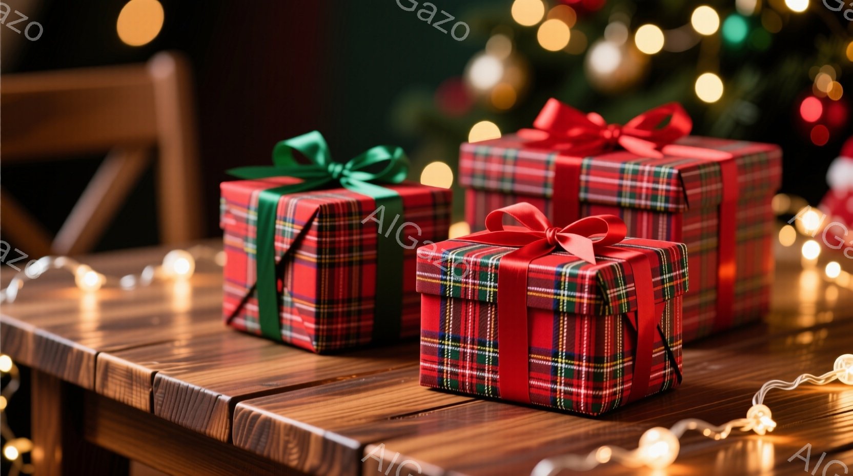 赤と緑のチェック柄のリボンで飾られたギフトボックスが、木のテーブルの上に置かれています。背景にはぼやけたクリスマスツリーの光があり、温かくお祝いの雰囲気を醸し出しています。ギフトボックスは様々な大きさで、クリスマスのプレゼントや特別な機会のための包装を示唆しています。