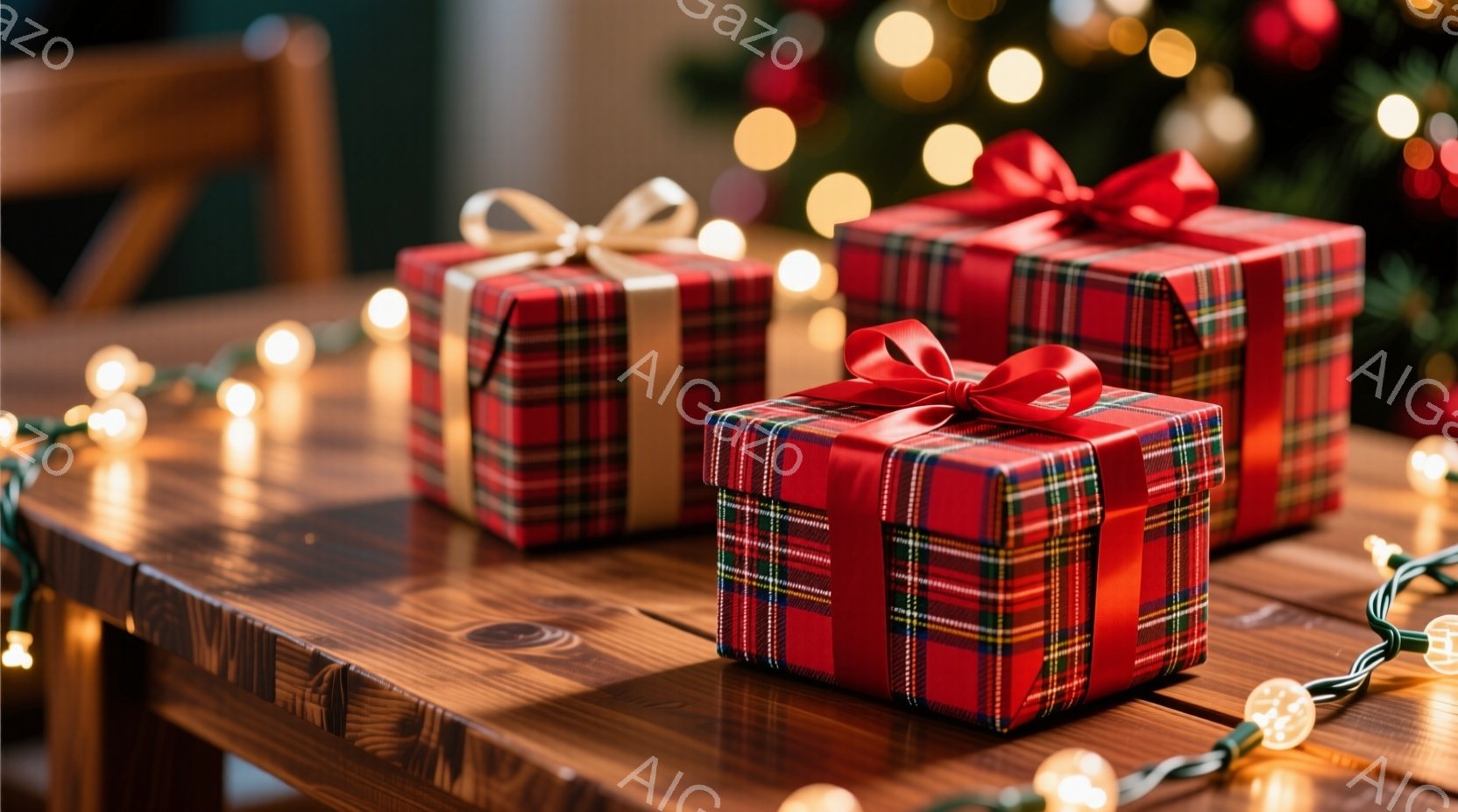 赤と緑のタータンチェック模様で包まれたギフトボックスが木製のテーブルの上に並べられています。ギフトボックスには赤いリボンが結ばれており、背景にはぼやけたクリスマスツリーの明かりが見えます。全体的に暖かく、お祝いの雰囲気が漂うクリスマスの光景です。