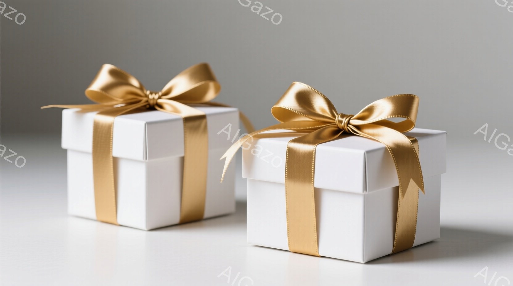 白いギフトボックスが2つ、薄いグレーの背景に並んで配置されています。各ボックスは金のサテンリボンで丁寧に結ばれており、シンプルでありながら上品な印象を与えます。光沢のあるリボンと白い箱のコントラストが、贈り物らしさを強調しています。