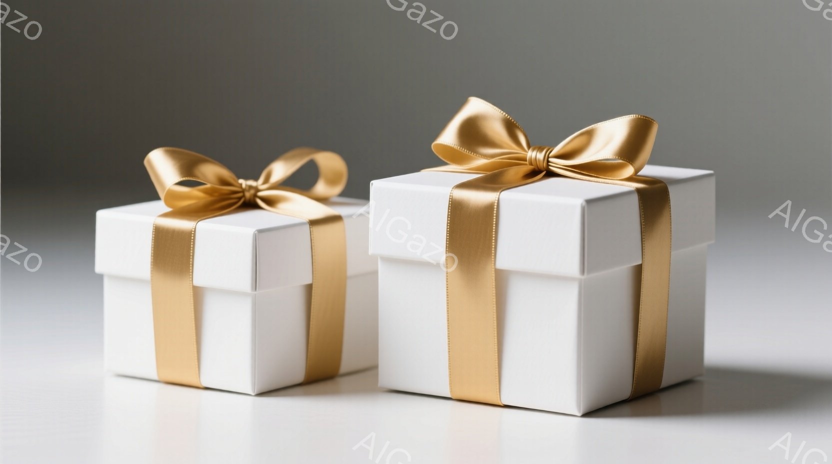 白いギフトボックスが2つ、薄いグレーの背景に並んで配置されている。それぞれ金色のリボンで丁寧にラッピングされており、上品で洗練された印象を与える。光沢のある表面とシンプルなデザインが、特別な日の贈り物を連想させる。