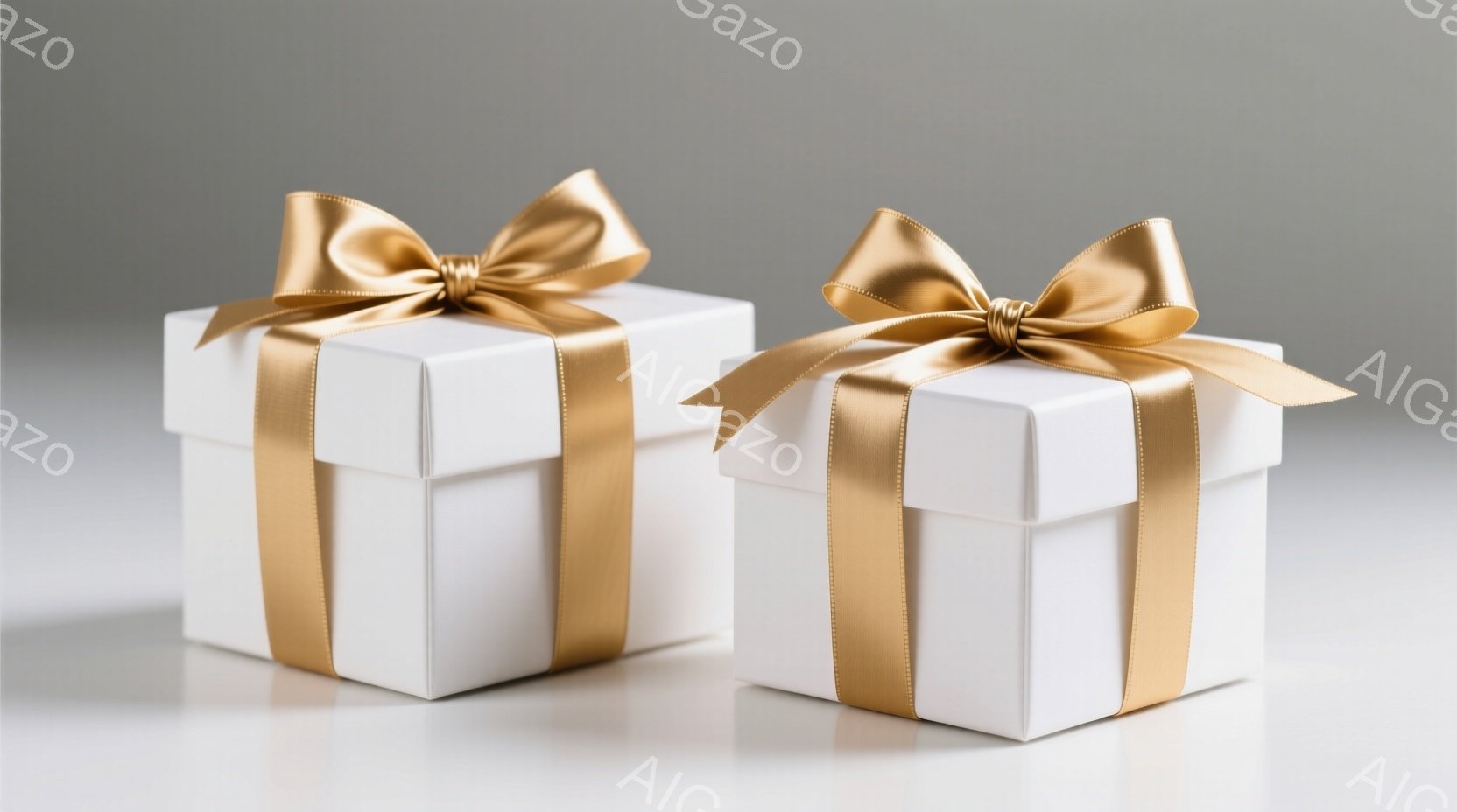 白いギフトボックスが2つ、光沢のある金色のリボンで飾られて並んでいます。背景は均一な明るいグレーで、ボックスが際立っています。全体的に、シンプルで上品な雰囲気で、贈り物や特別な機会を想起させます。