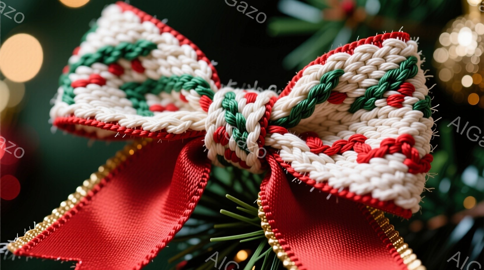 鮮やかな赤色のリボンが、クリーム色の編み込み模様の大きなリボンで飾られています。背景には緑色のクリスマスツリーの葉と、ぼやけた黄金色の光が散りばめられており、クリスマスの温かく華やかな雰囲気を醸し出しています。リボンの質感と光の反射が、視覚的な魅力を高めています。