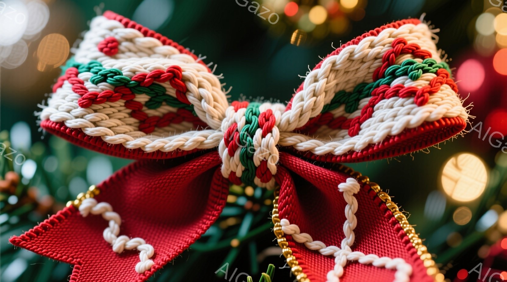 深い赤色のリボンが、緑と白の撚り糸で縁取られており、華やかなクリスマスツリーの背景に映えています。リボンの形状は大きく、ふっくらとしており、その周囲にはゴールドの装飾が施されています。背景はぼやけた緑色の葉と、暖かい光のぼかしで構成されており、祝祭的な雰囲気を醸し出しています。