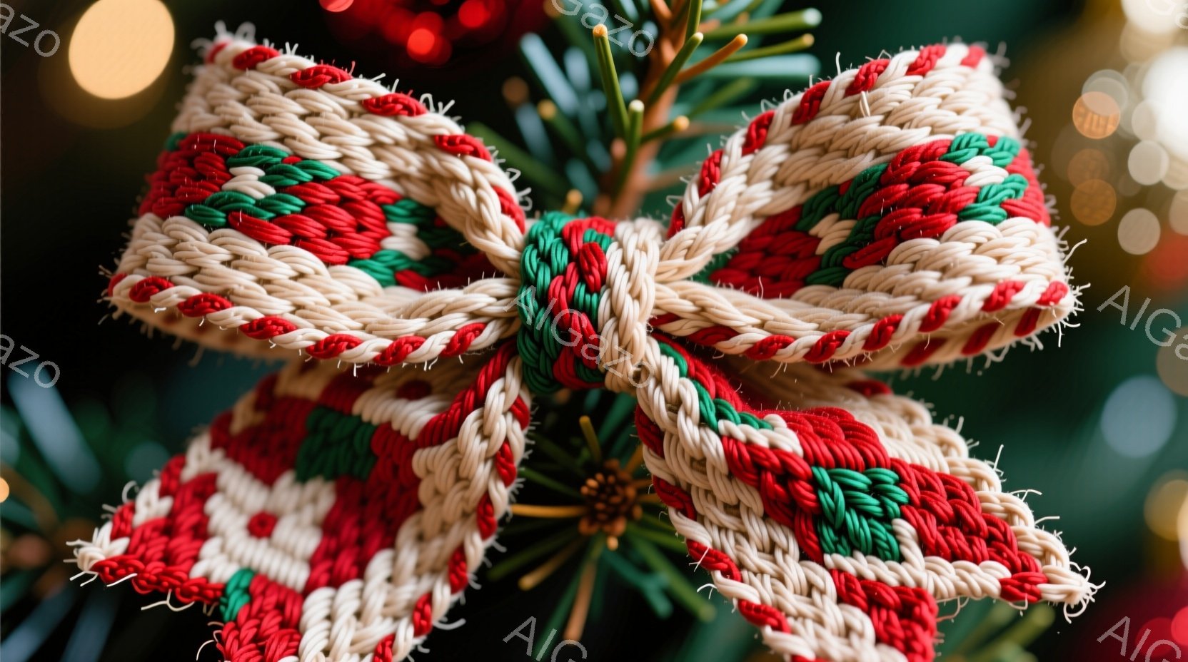 鮮やかな赤、白、緑のストライプ模様のリボンが、クリスマスツリーの緑色の葉の上に結ばれています。リボンは手編みのようで、温かみのある雰囲気を醸し出しています。背景はぼかされており、キラキラと輝く光が散りばめられ、クリスマスの祝祭感を高めています。