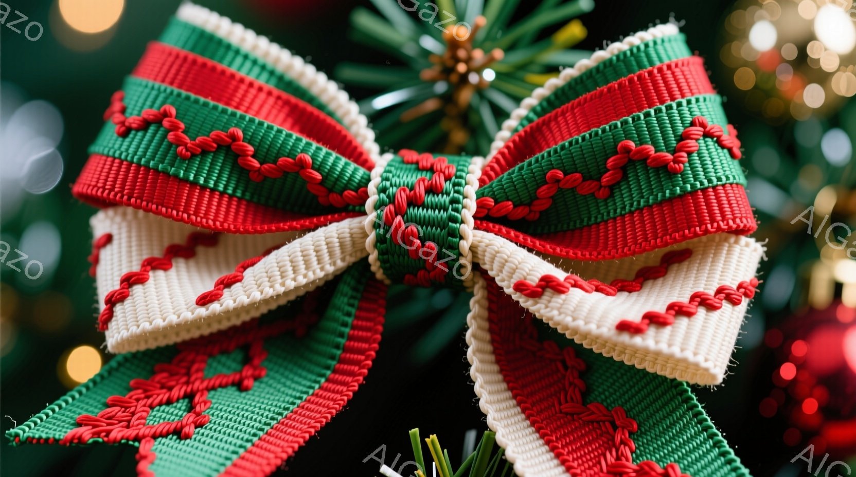 クリスマスツリーの枝に飾られた、赤、白、緑のストライプ模様のリボンが写っている。リボンは細い糸で編み込まれており、縁取りには赤い糸が使われている。背景には、ぼやけた緑の葉や赤いオーナメントが見え、暖かく華やかなクリスマスの雰囲気が漂っている。
