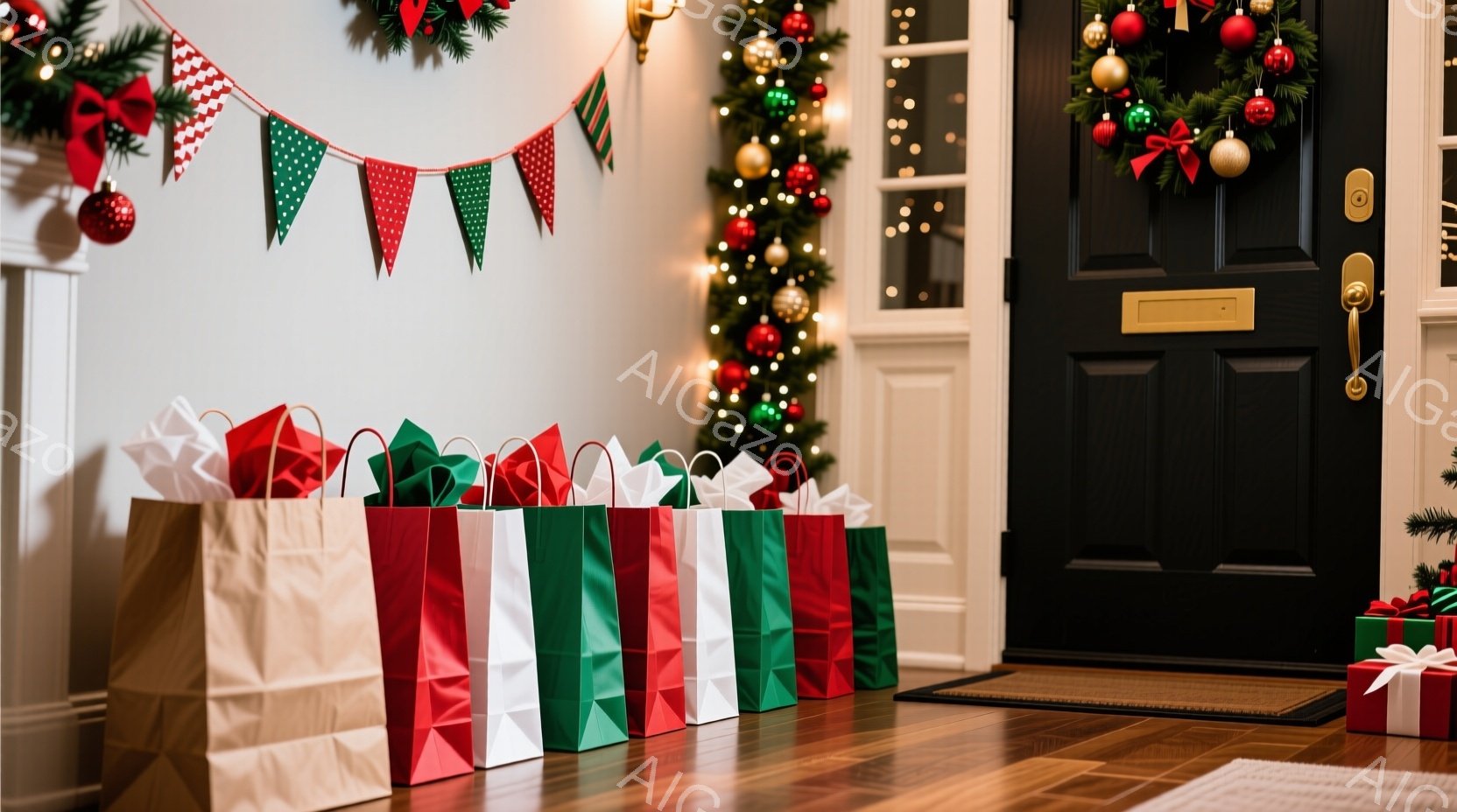 白い壁の前に、様々な色のギフトバッグが整然と並んでいます。クリスマスツリーと飾りで飾られた玄関は、ホリデーシーズンのお祝いの雰囲気を醸し出しています。床は木製で、ギフトバッグの隣には赤いリボンで結ばれたプレゼントボックスが置かれています。