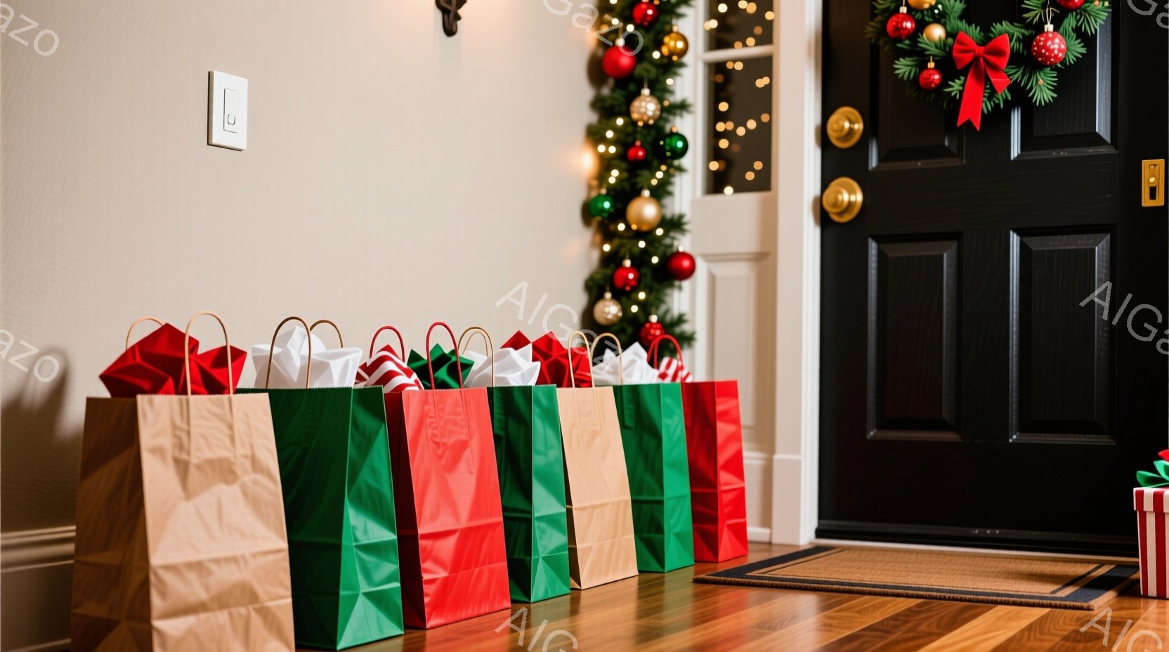 玄関の床に、赤、緑、ベージュのギフトバッグが整然と並べられています。ドアにはクリスマスリースが飾られ、背景の壁は暖かく、ホリデーシーズンらしい雰囲気が漂います。床は木製で、ギフトバッグのカラフルな色が暖かさと祝祭感を高めています。