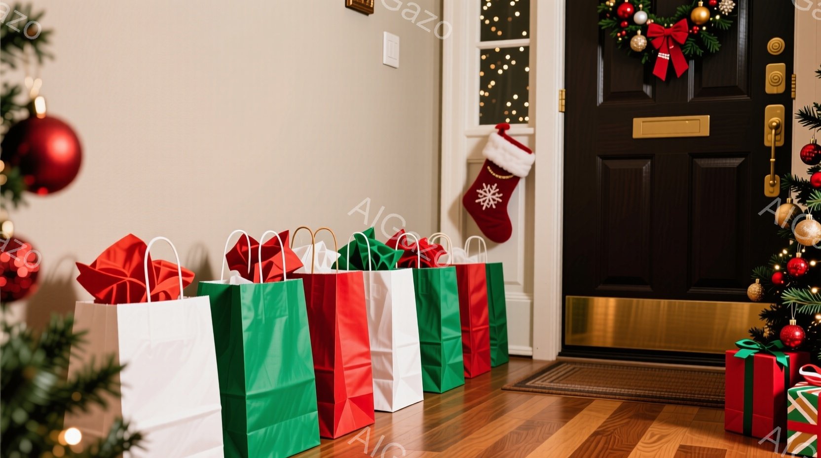 玄関の床に、赤、緑、白のギフトバッグが整然と並べられています。バッグにはリボンが結ばれ、プレゼントが詰め込まれているようです。背景には、クリスマスツリーや装飾が施されたドアがあり、暖かくお祝いムードが漂っています。