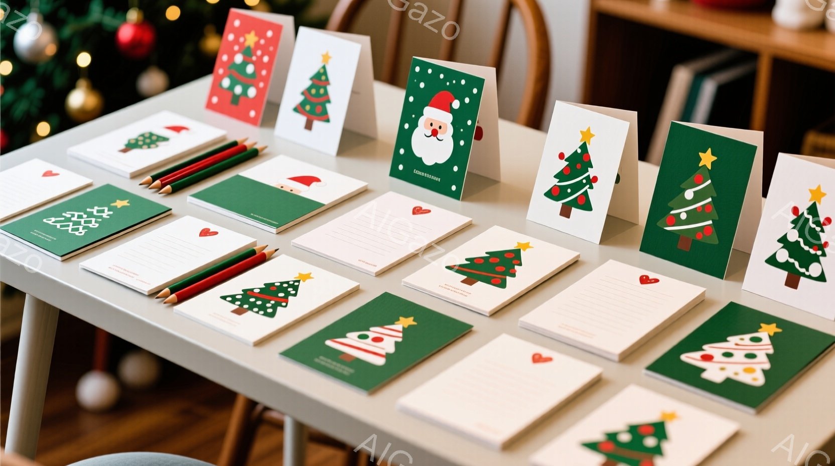 テーブルの上には、クリスマスツリーやサンタクロースの絵が描かれたグリーティングカードとメモ帳が並べられています。赤い鉛筆も数本添えられており、手紙やメッセージを書く準備が整っている様子です。背景にはぼやけたクリスマスツリーの飾りが見え、全体的に温かく、クリスマスの準備をしている雰囲気です。