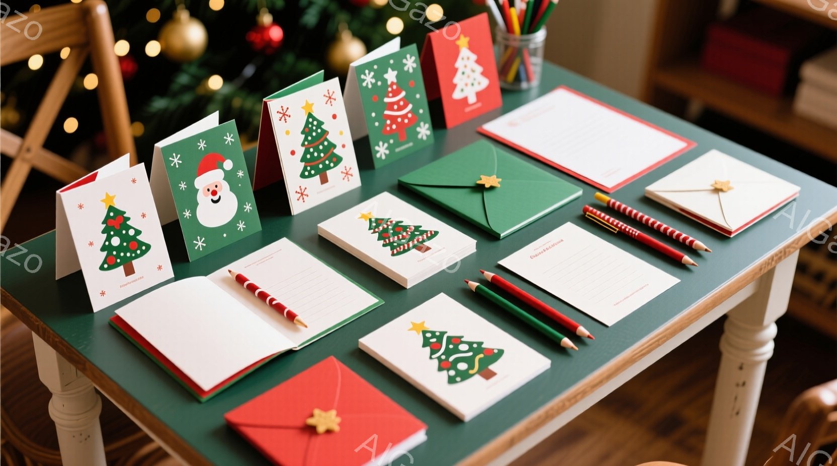 濃い緑色のテーブルの上に、クリスマスカード、封筒、ノート、鉛筆が並べられています。カードにはクリスマスツリーやサンタクロースが描かれており、封筒は鮮やかな緑色で、ノートは赤色の縁取りがあります。全体的に、クリスマスの準備や手紙を書くための心地よい雰囲気です。
