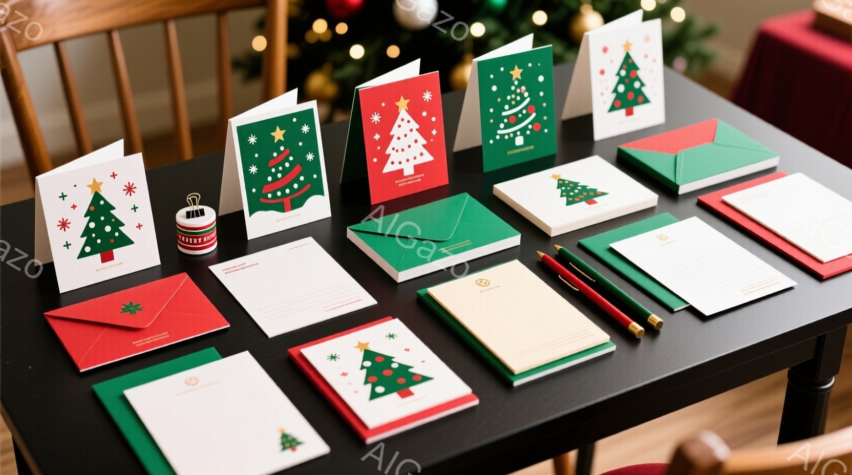 濃い木製のテーブルの上に、クリスマスをテーマにした様々な文房具が並べられています。クリスマスツリーが描かれた封筒、カード、メモ帳、ペンなどが、赤、緑、白を基調とした配色で配置されており、上品で温かみのある雰囲気を醸し出しています。背景にはぼやけたクリスマスツリーの装飾が見え、ホリデーシーズンの準備やギフトのアイデアを想起させます。
