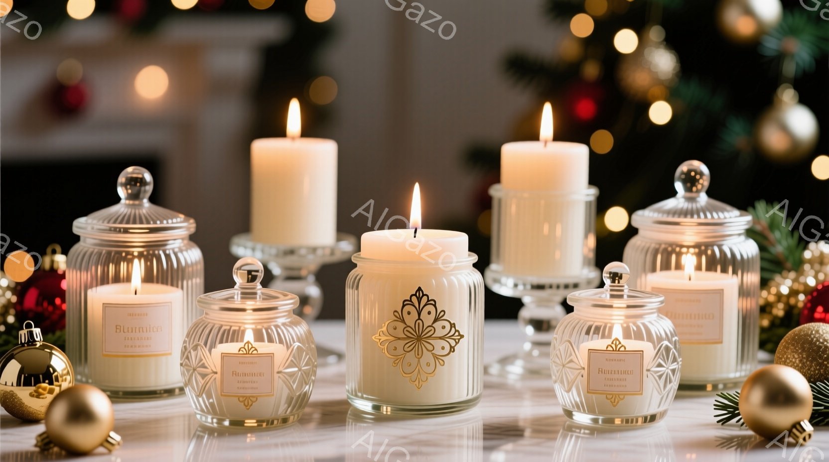 暖炉のそばのような暖かい光景で、複数のキャンドルが並べられています。キャンドルはガラス製の容器に入っており、それぞれに「Bumble」というブランド名が書かれたラベルが付いています。背景には、金色のオーナメントと緑の葉っぱが見え、全体的にクリスマスの装飾が施された、落ち着いた雰囲気の室内です。