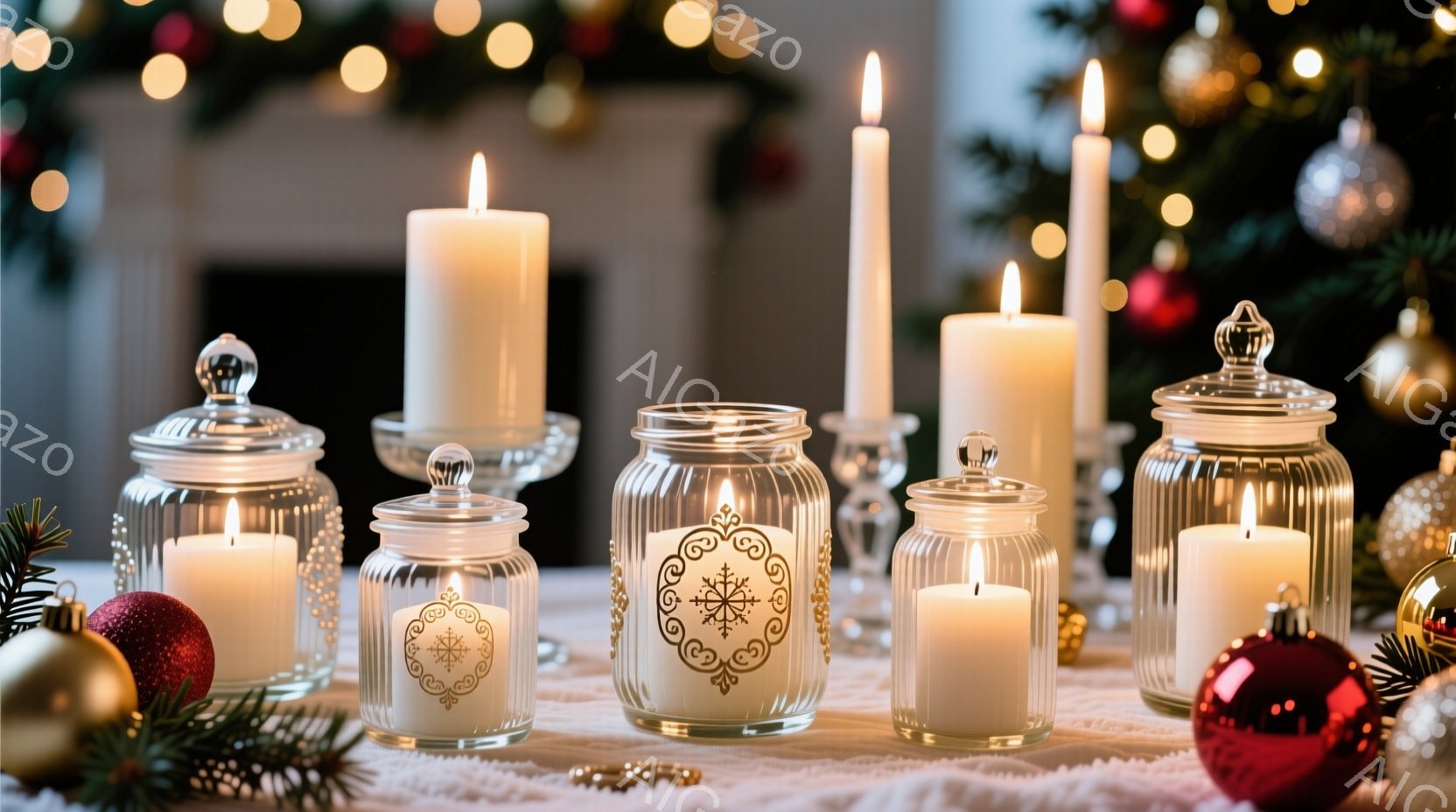 クリスマスを象徴するキャンドルと装飾がテーブルの上に並べられています。ガラス製のキャンドルホルダーには白いキャンドルが灯り、その周りには赤いオーナメントや緑の葉が散りばめられています。背景にはぼやけた - AI生成フリー素材