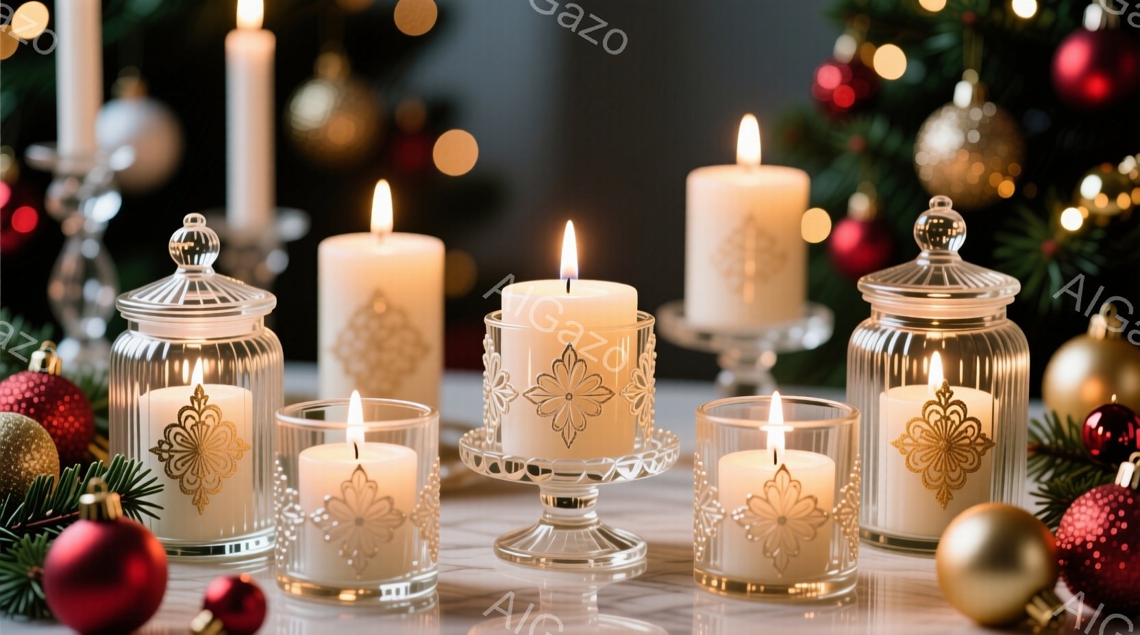 白いキャンドルが、装飾されたガラス製のキャンドルホルダーや、繊細な模様が施されたケーキスタンドの上に配置されています。背景にはぼやけたクリスマスツリーの飾りやオーナメントが見え、暖かく穏やかな雰囲気を醸し出しています。全体的に、ホリデーシーズンを象徴する、優雅で落ち着いた光景です。