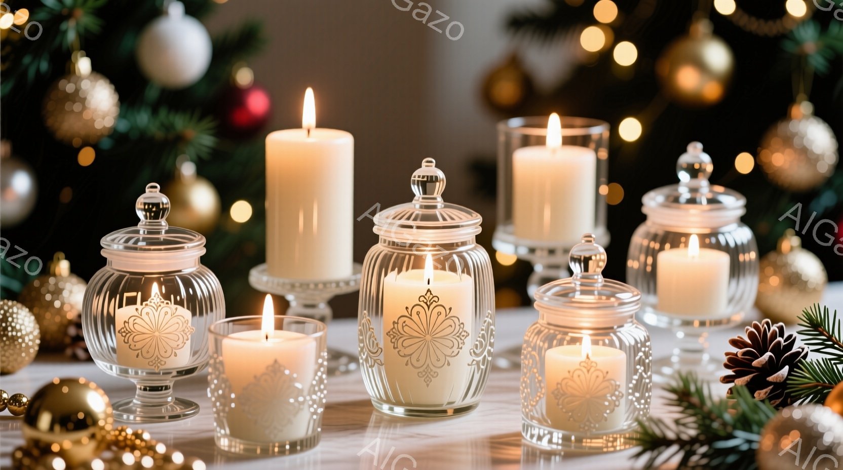 白いキャンドルが、様々なデザインのガラス容器に灯されており、暖かく穏やかな光を放っている。背景には、金のオーナメントと緑の葉が散りばめられたクリスマスツリーの一部が見え、冬の華やかな雰囲気を醸し出して - AI生成フリー素材