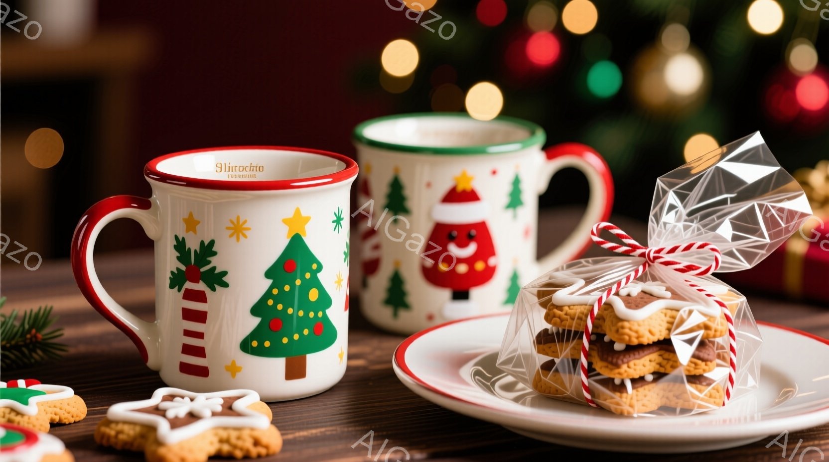 クリスマスをテーマにした画像で、白い背景に飾られた丸い陶器のマグカップが2つ並んでいます。それぞれのマグカップには、クリスマスツリーやサンタクロースの顔が描かれており、暖かくお祝いの雰囲気を醸し出しています。透明な袋に入ったクリスマス・クッキーが添えられており、お菓子と温かい飲み物でホリデーシーズンを楽しむ様子が想像できます。