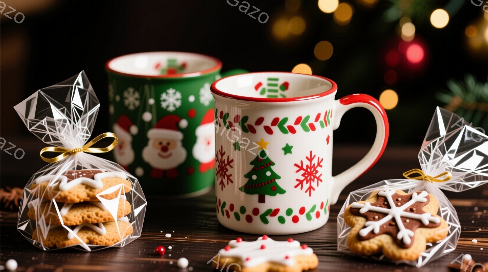 クリスマスをテーマにした写真で、緑と白のクリスマス柄のマグカップが2つ、クッキーが個別に透明な包装に入れられ、金色のリボンで結ばれています。背景は暗く、キラキラと輝くボケと小さな赤い飾り、そして緑の葉が見え、全体的に暖かく、お祝いの雰囲気を醸し出しています。クッキーは星形をしており、アイシングで美しく装飾されています。