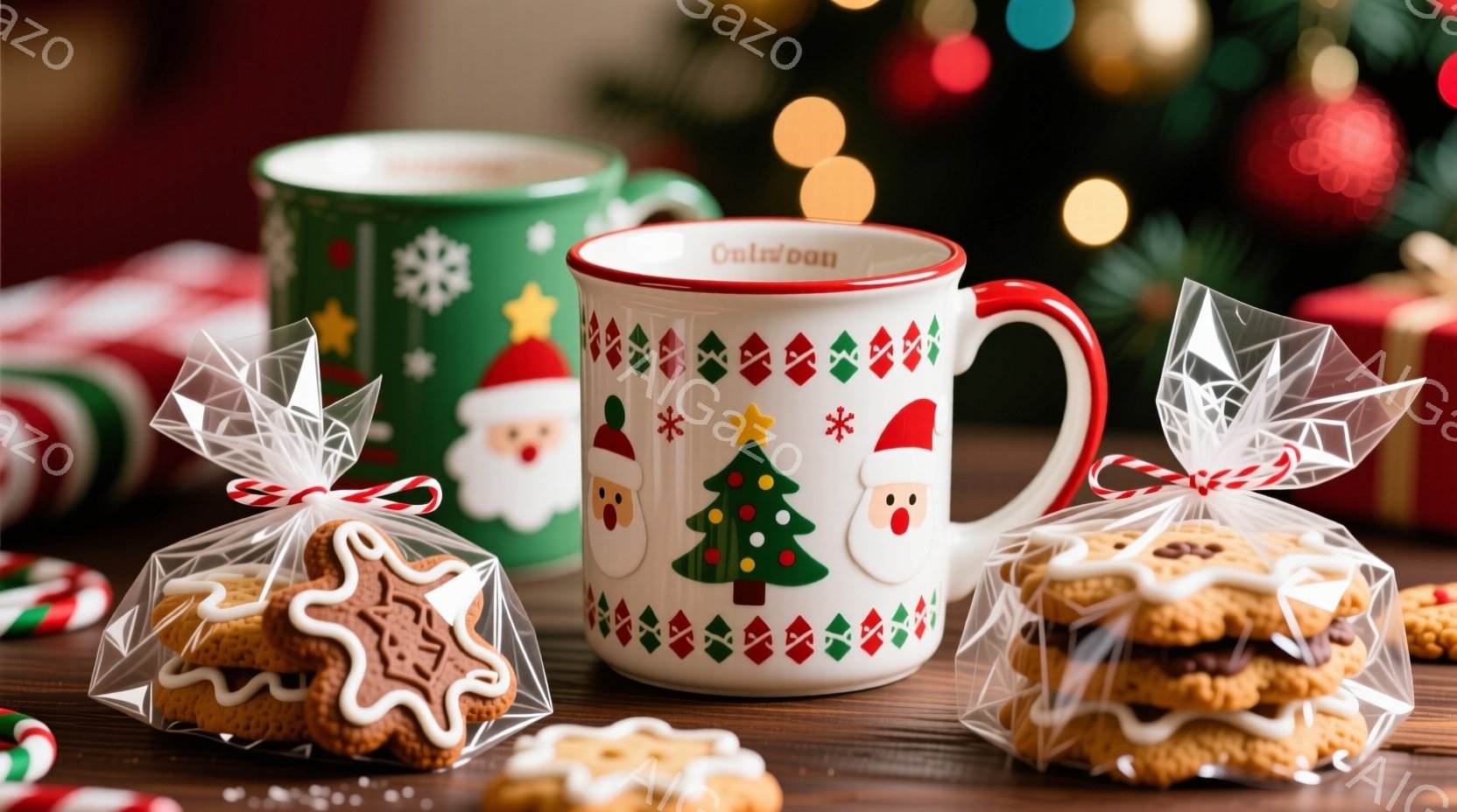 クリスマスをテーマにした、白いマグカップと緑のマグカップが並んでいます。クッキーは透明な袋に入れられ、赤いリボンで結ばれており、クリスマスツリーやサンタクロースのイラストが描かれています。背景はぼかされており、暖かく、お祝いの雰囲気が漂っています。