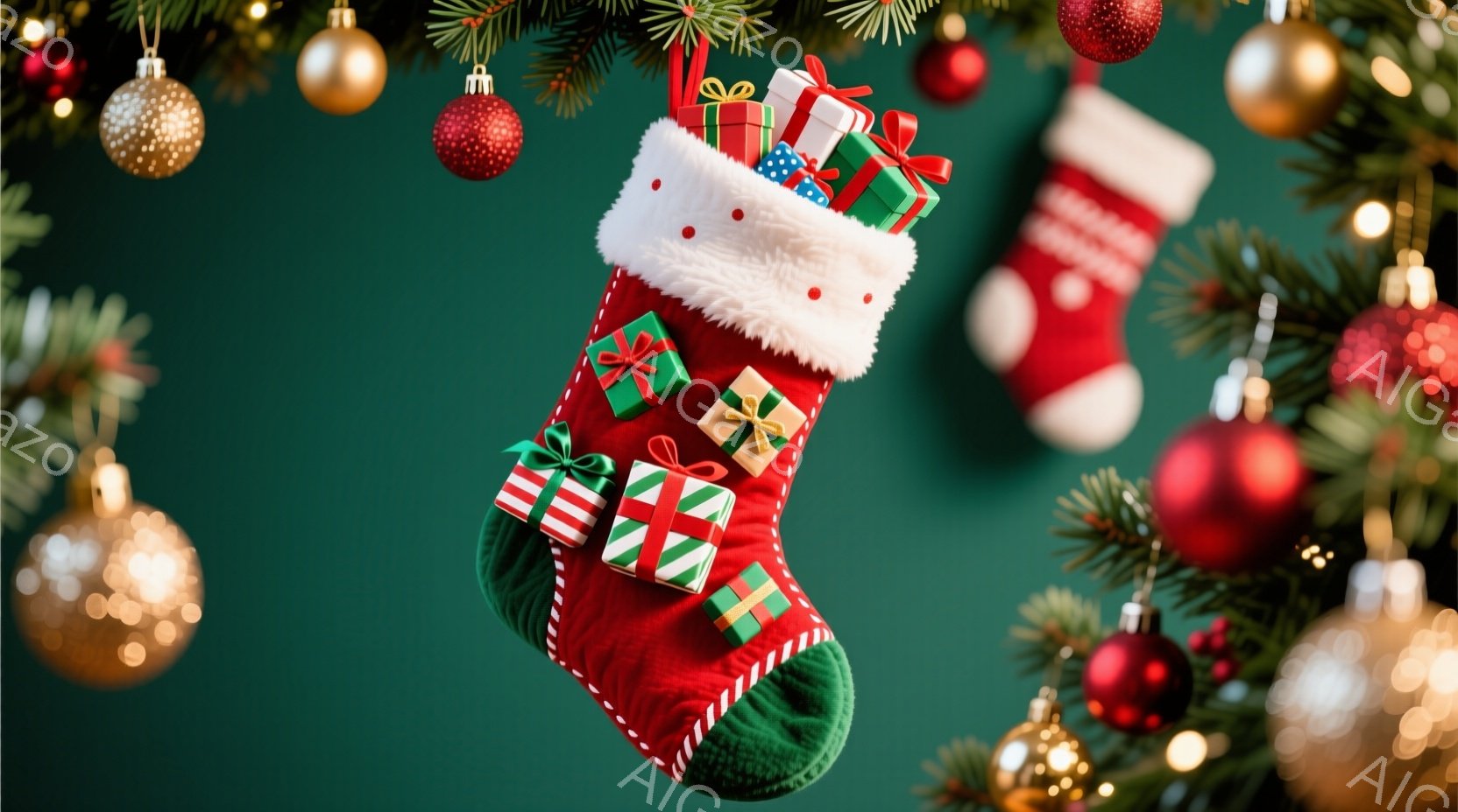 クリスマスツリーの背景に、赤と緑のストッキングが二つ吊り下げられています。ストッキングは白いふわふわの縁取りが施され、カラフルなリボンで結ばれた小さなプレゼントでいっぱいです。背景は緑色の葉と金銀色のオーナメントで飾られ、温かくお祝いムードに満ちています。