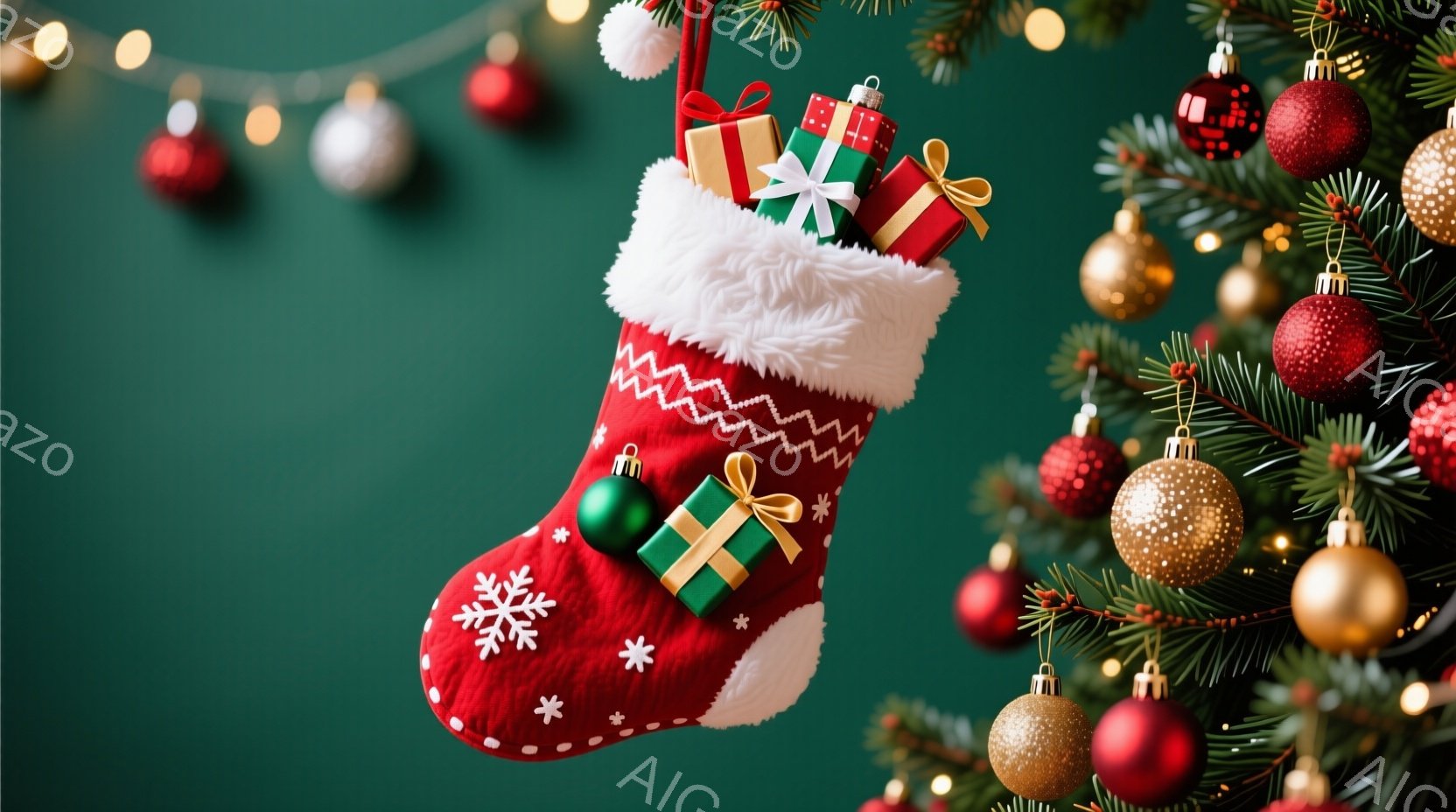 深緑色の背景に、赤いクリスマスストッキングが飾られています。ストッキングには雪の結晶模様があり、緑と赤のリボンで結ばれたプレゼントがいくつか入っています。背景には、金色のイルミネーションと赤いオーナメントで飾られたクリスマスツリーの枝が写り込み、華やかなクリスマスの雰囲気を醸し出しています。