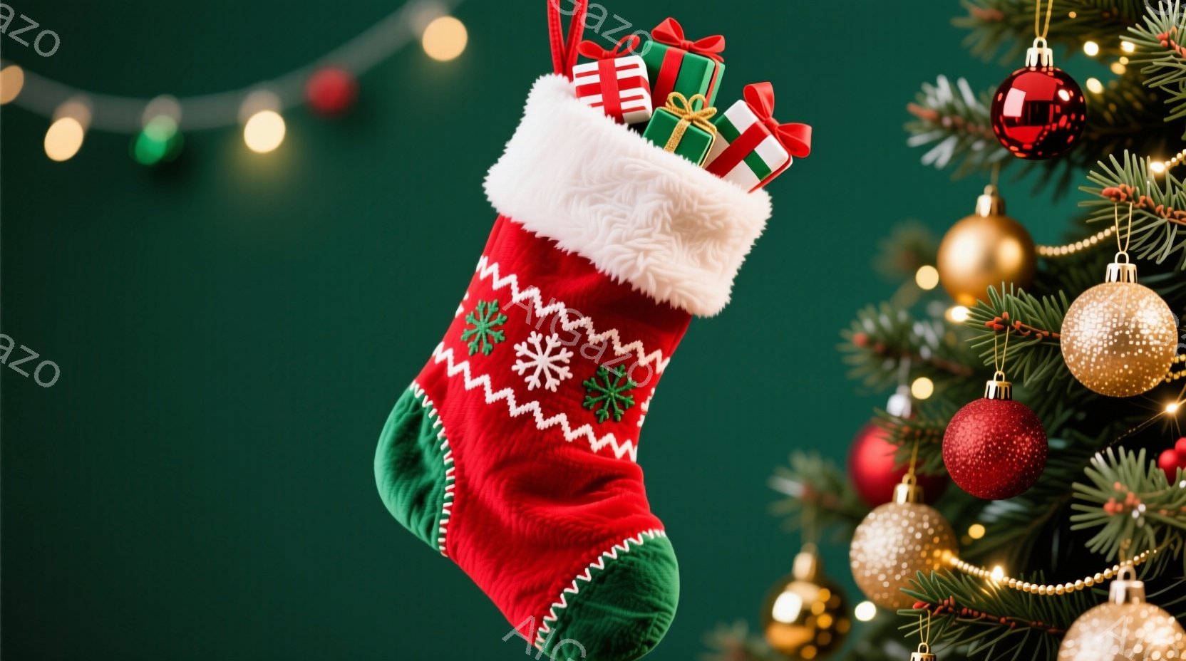深緑色の背景に、赤いクリスマスストッキングが吊り下げられています。ストッキングは緑色の踵と白い毛皮の縁取りがあり、白い雪の結晶や装飾模様が刺繍されています。ストッキングには小さなプレゼントの箱がいくつか入っており、背景にはクリスマスツリーの緑の葉と金色のオーナメントが見え、温かく華やかなクリスマスの雰囲気が漂っています。