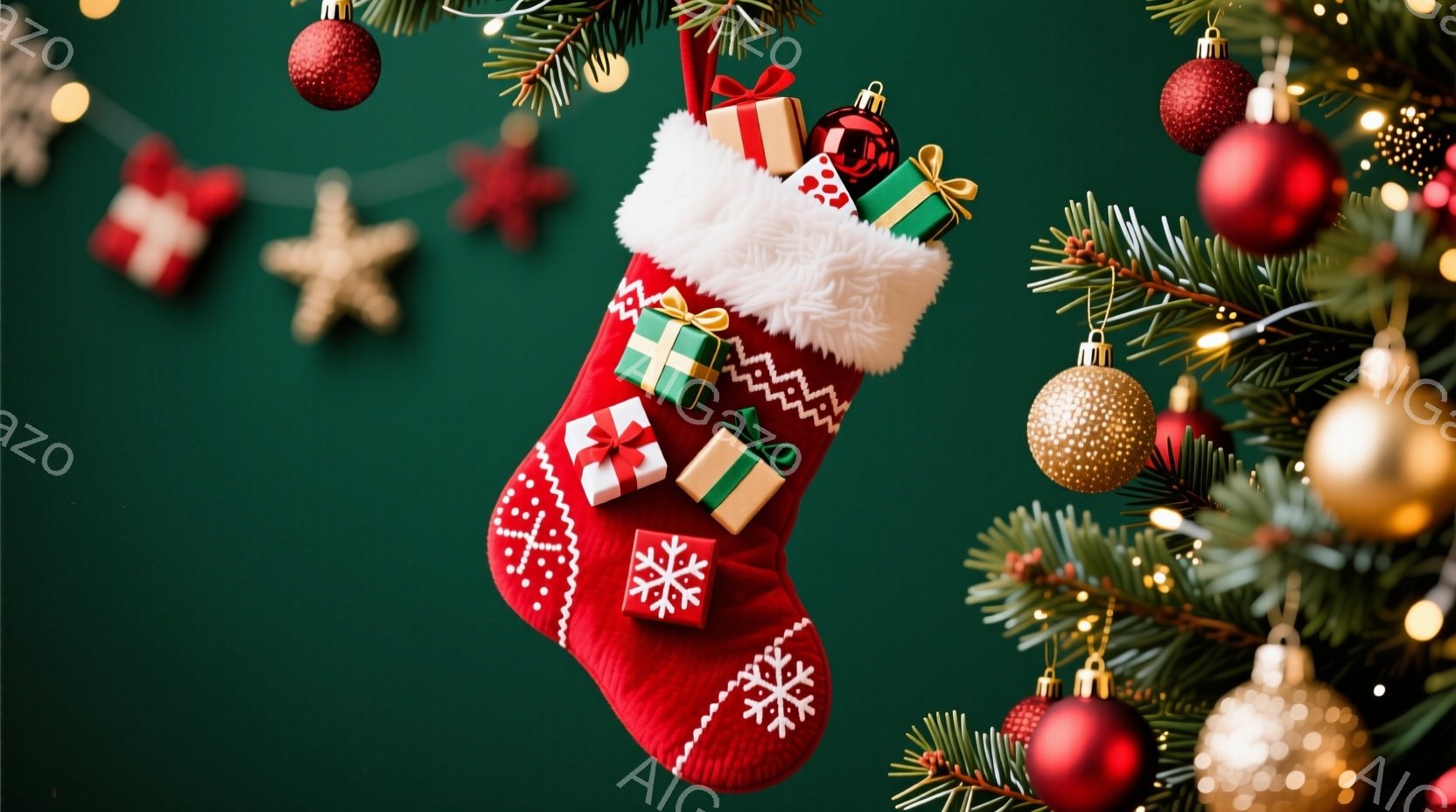 深緑色の背景に、赤いクリスマスストッキングが飾られています。ストッキングには、リボンで結ばれた様々な大きさのギフトボックスが詰め込まれており、周囲には赤や金色のクリスマスオーナメントや輝く星型の飾りも散りばめられています。全体的に暖かく、お祝いムードに満ちたクリスマスの雰囲気が漂っています。