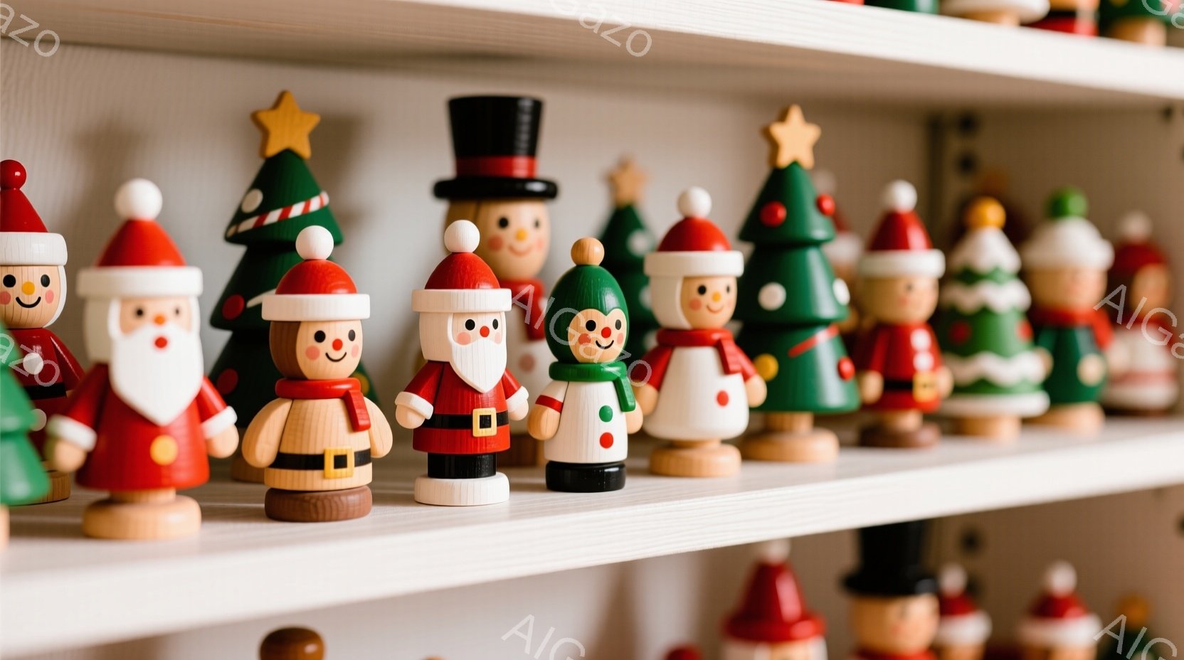 白い棚に、クリスマスの人形たちが一列に並んでいます。サンタクロースや雪だるま、クリスマスツリーなど、カラフルで可愛らしい木製の人形たちは、それぞれ赤い帽子や緑の服を着ており、満面の笑みを浮かべています。背景は白く、全体的に温かく、お祝いムードに満ちた雰囲気です。