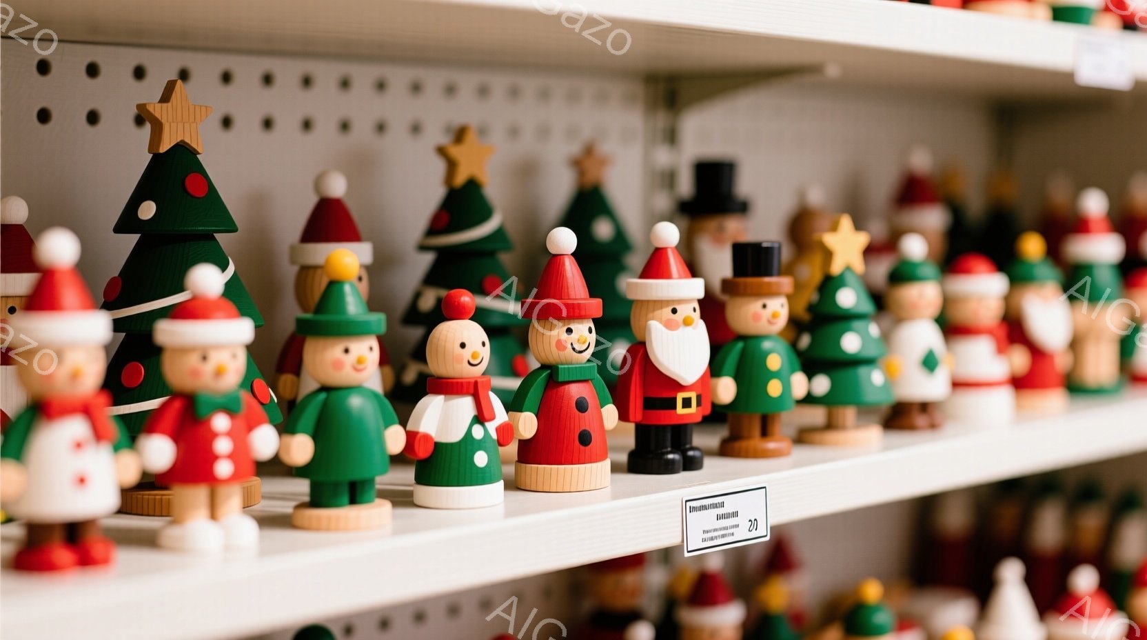白い棚に、クリスマスの木のおもちゃの人々が並べられています。それぞれが異なる色やデザインの服を着ており、顔には笑顔が描かれています。背景は白く、全体的に温かく、お祭り気分を醸し出しています。
