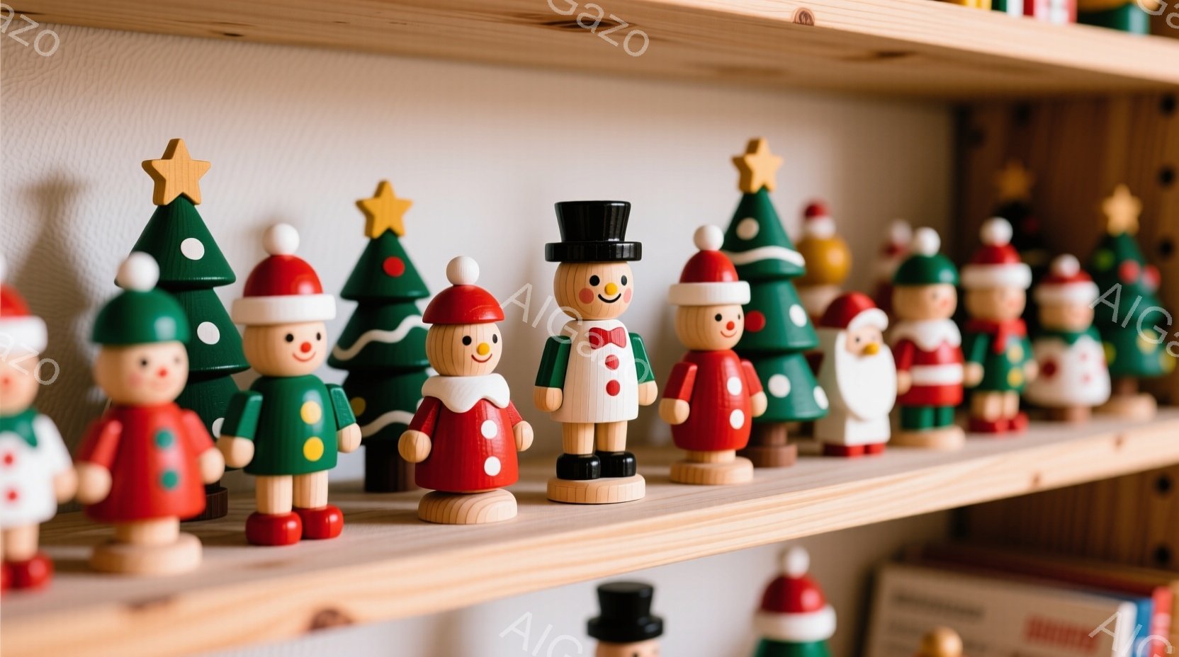 浅い木製の棚に、クリスマスの人形たちが整然と並べられています。それぞれの人形は、緑や赤、白を基調とした色彩で、クリスマスツリーやペンギン、サンタクロースなどをモチーフにしたシンプルなデザインで、表情は皆微笑んでいます。背景は明るい木製の棚板で、全体的に温かく、お祭り気分を醸し出しています。