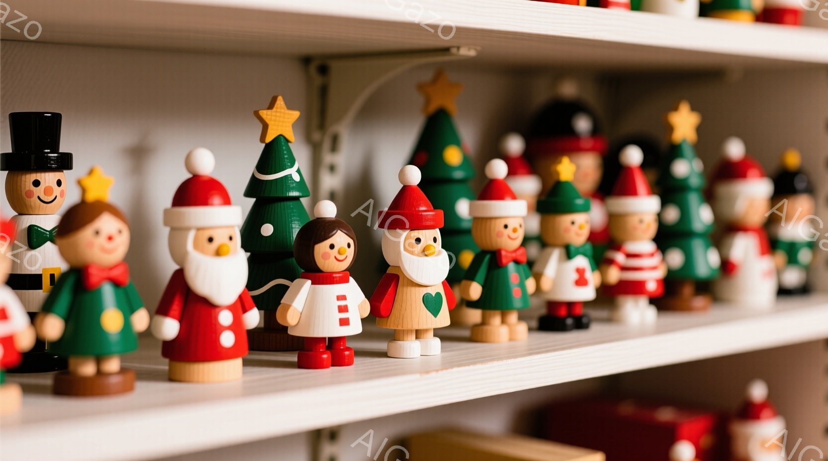 白い棚に、クリスマスをテーマにした木製の置物が一列に並んでいます。サンタクロース、トナカイ、クリスマスツリー、雪だるまなど、様々なキャラクターが可愛らしい表情で、カラフルな冬の服装をしています。全体的に温かく、お祝いの雰囲気が漂っています。
