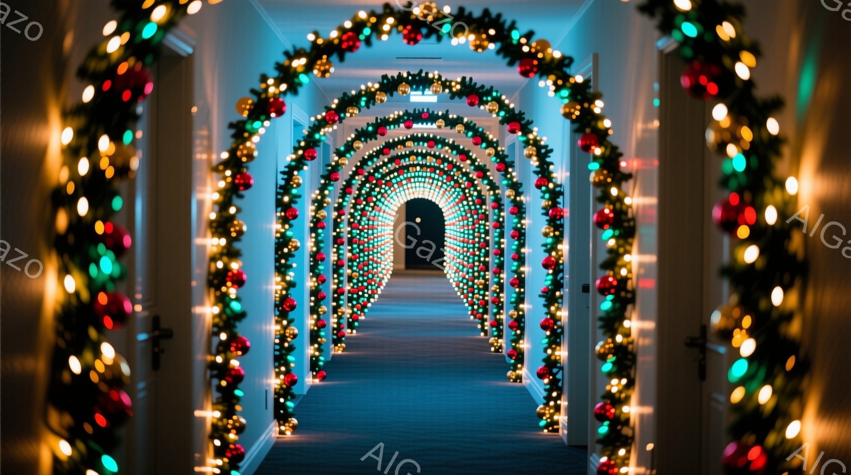 白い壁の廊下が、赤、緑、金色の装飾で覆われたアーチ状のトンネルで構成されており、まるでクリスマスの魔法のような空間を作り出しています。装飾は廊下の両側に等間隔に配置され、奥行きのある視覚効果を生み出し、暖かい光が壁を照らしています。この空間は、お祭りや特別なイベントの準備ができているような、華やかで夢幻的な雰囲気を醸し出しています。