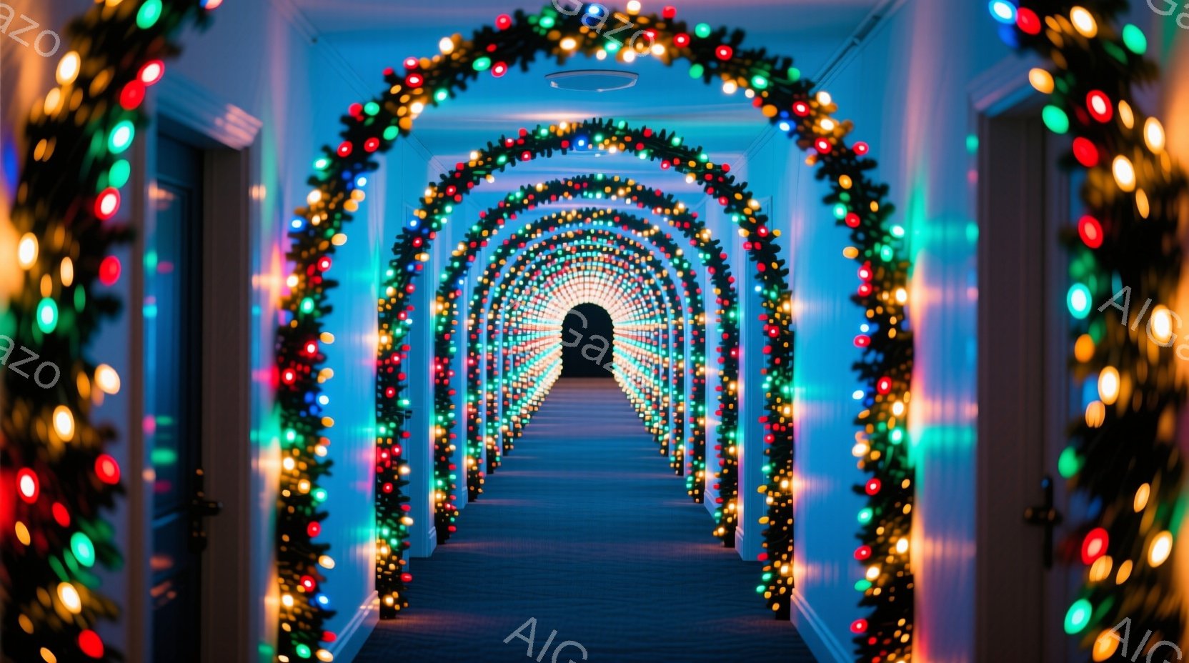 長い廊下が、カラフルなクリスマスライトでアーチ状に飾られています。ライトは赤、緑、黄色など様々な色で輝き、廊下の壁は白く、遠近感を強調しています。全体的に幻想的で、お祭りやイベントの雰囲気を感じさせる、華やかな空間です。