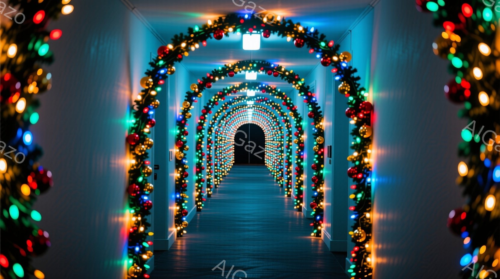 白い壁に沿って、赤、緑、黄色のクリスマスライトがアーチ状に並び、無限に続くようなトンネルを形成している。床は濃いグレーで、遠くの光がぼんやりと見え、幻想的な雰囲気を醸し出している。この装飾は、クリスマスや冬のイベントで人々を魅了し、特別な空間を作り出すことを意図しているようだ。