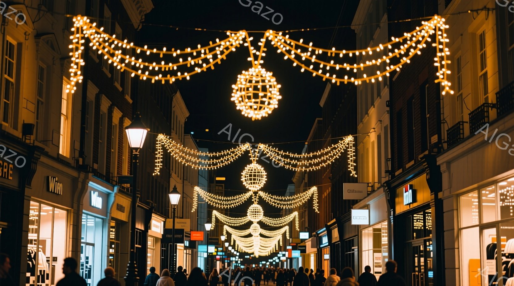 夜の街路が賑わっており、人々がお店の前に集まっている様子が伺える。通りには電飾が飾られており、特に大きな球体のライトが印象的で、華やかな雰囲気を醸し出している。建物はレンガ造りで、お店のウィンドウには明かりが灯っており、夜の街並みを彩っている。
