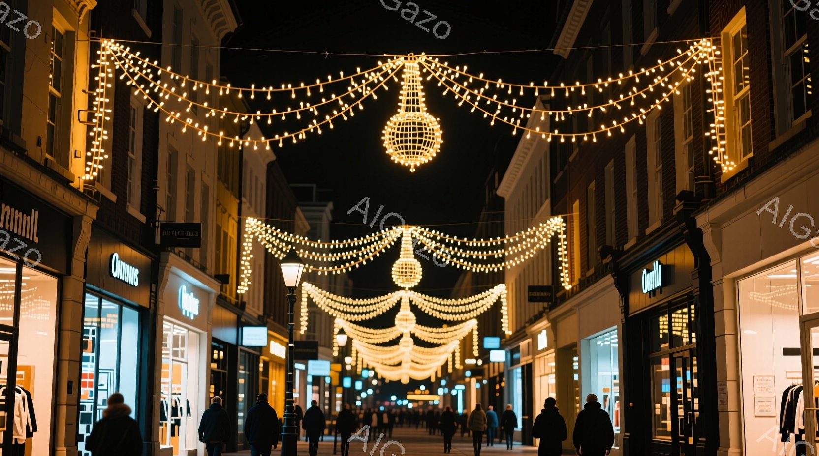 夜の街並みが、無数の電飾で華やかに彩られている。人々はコートやジャケットを着て歩いており、顔の表情ははっきりとは見えないが、ゆったりとした雰囲気が感じられる。左右に並ぶ建物はレンガ造りで、ショーウィンドウには商品が並び、クリスマスの賑わいを予感させる。