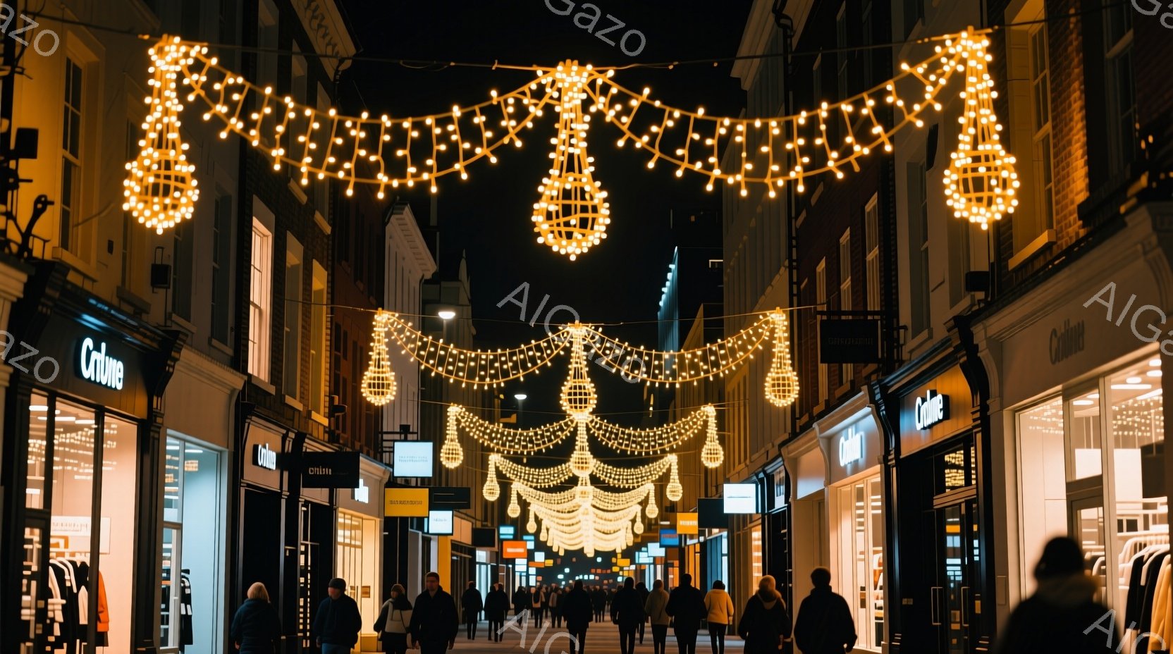 夜の街並みが、温かい光の装飾で照らされている。人々は冬のコートやジャケットを着ており、歩きながら、または立ち話をしている様子が見られる。背景には、商店やレストランが並び、クリスマスの飾り付けが街を華やかに彩っている。