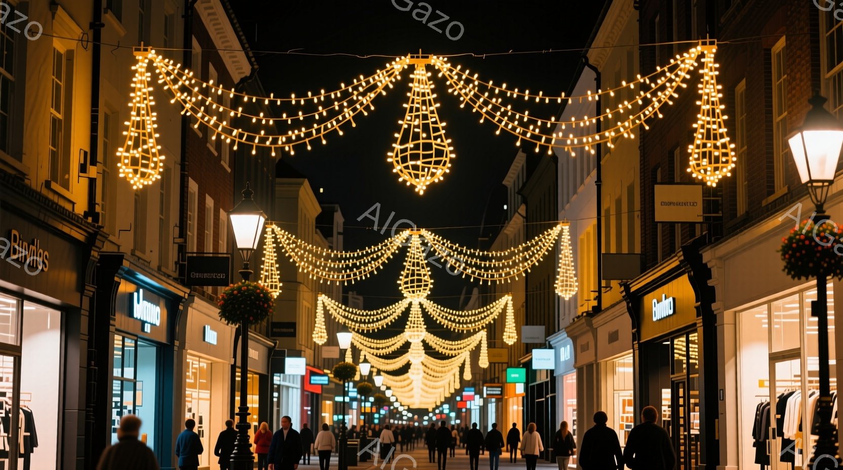 石畳の通りが、提灯のような電飾で明るく照らされている夜の街並みだ。人々は冬のコートやジャケットを着て歩いており、顔の表情ははっきりと見えないが、ゆったりとした雰囲気を感じさせる。建物は石造りでクラシックなデザインで、店先には商品が並び、活気のある商業地区であることがわかる。
