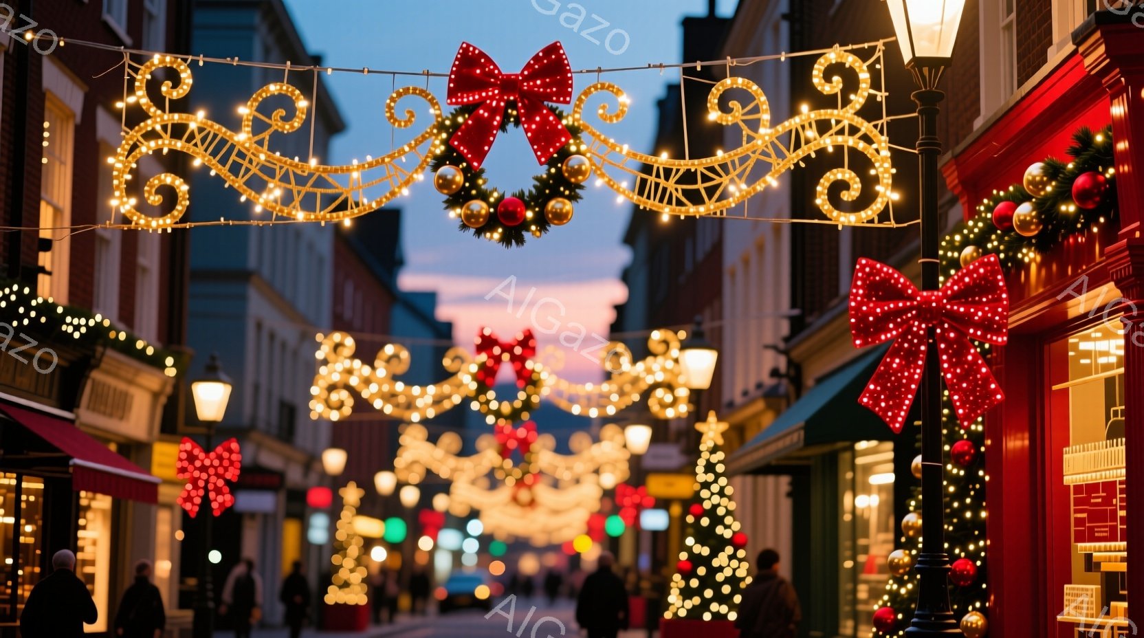 クリスマスシーズンに飾られた賑やかな通りが写っている。建物は赤や茶色を基調とし、窓際にはクリスマスツリーが飾られている。人々は冬の装いで歩いており、温かい光が灯された装飾が通り全体を包み込み、華やかで穏やかな雰囲気を醸し出している。