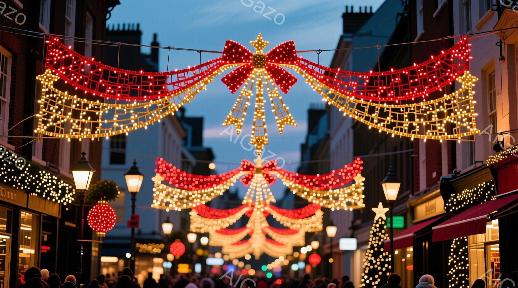 クリスマスシーズンに飾られた賑やかな通りが写っている。建物はレンガ色や白で統一され、街路樹やお店のウィンドウにはイルミネーションが輝いている。人々は暖かい服装で通りを歩き、背景には薄暗い空が広がり、お祝いと喜びの雰囲気が漂っている。